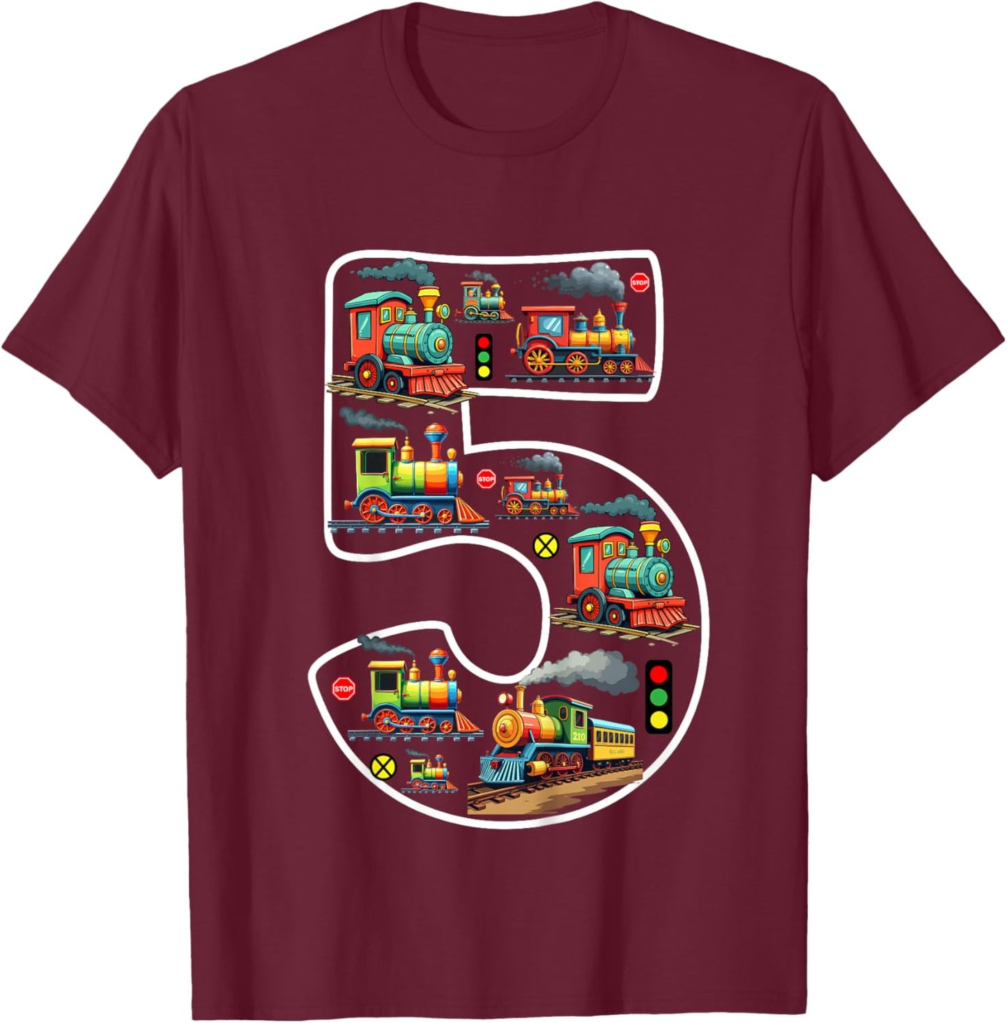 Kids 5 Year Old Boy Trains Birthday 5th Birthday Locomotive Train T-Shirt - T-Shirt | Maroon