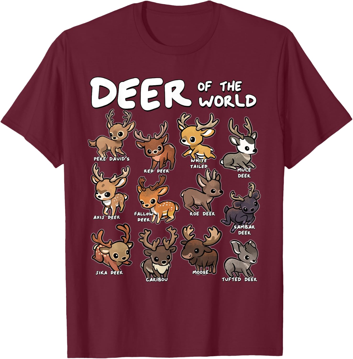 Deer Shirt Deer of The World Educational Deer Lover Hunter T-Shirt - T-Shirt | Maroon