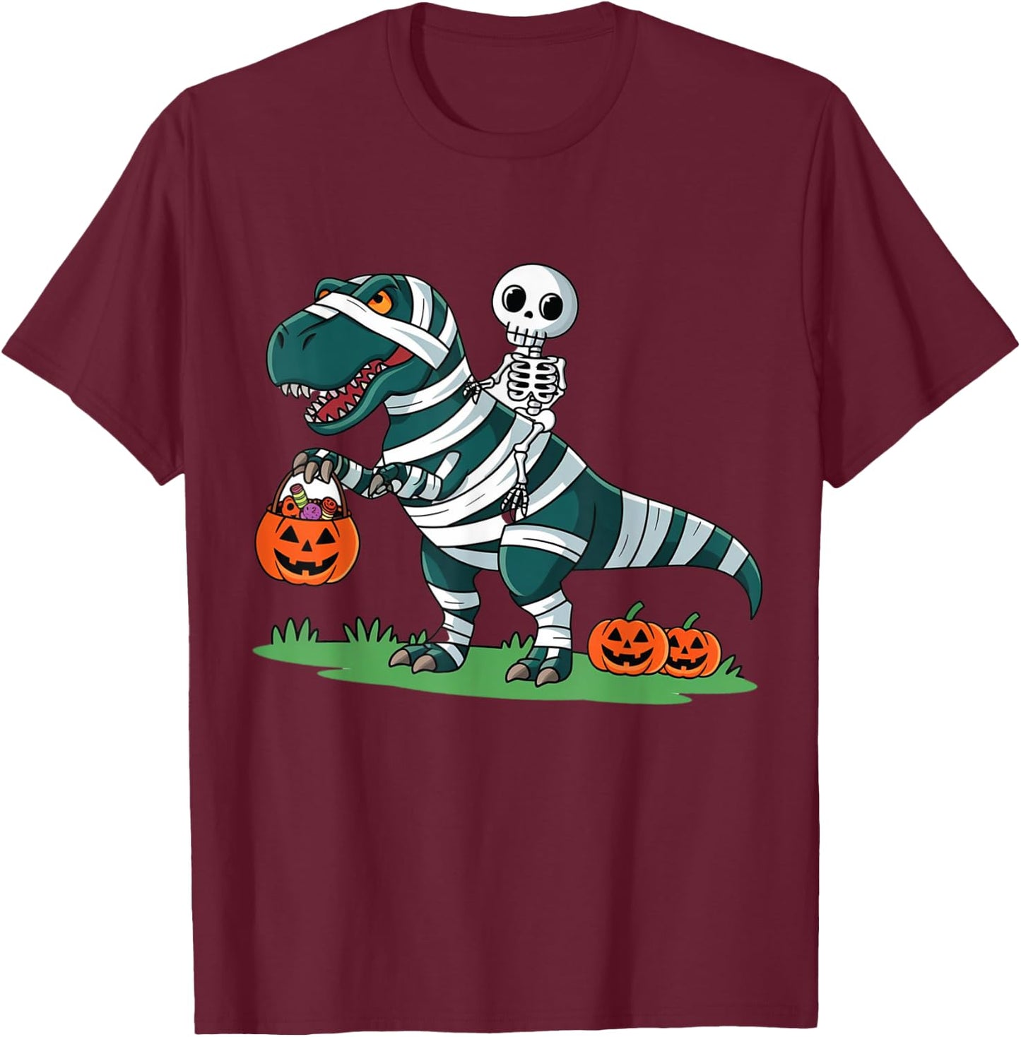 Skeleton Riding Mummy Dinosaur T rex Halloween Funny Pumpkin T-Shirt - T-Shirt | Maroon