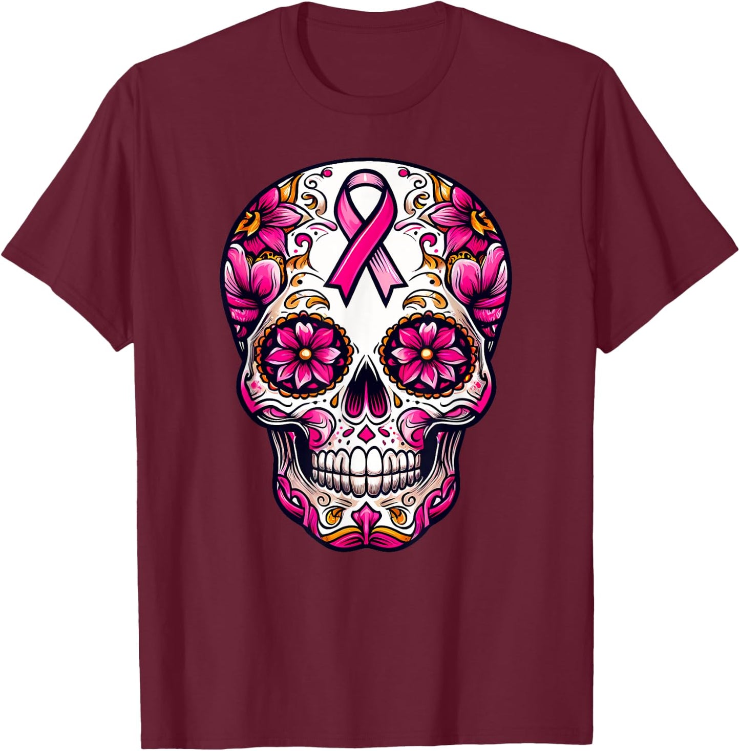 Sugar Skull Pink Ribbon Calavera Breast Cancer Awareness T-Shirt - T-Shirt | Maroon