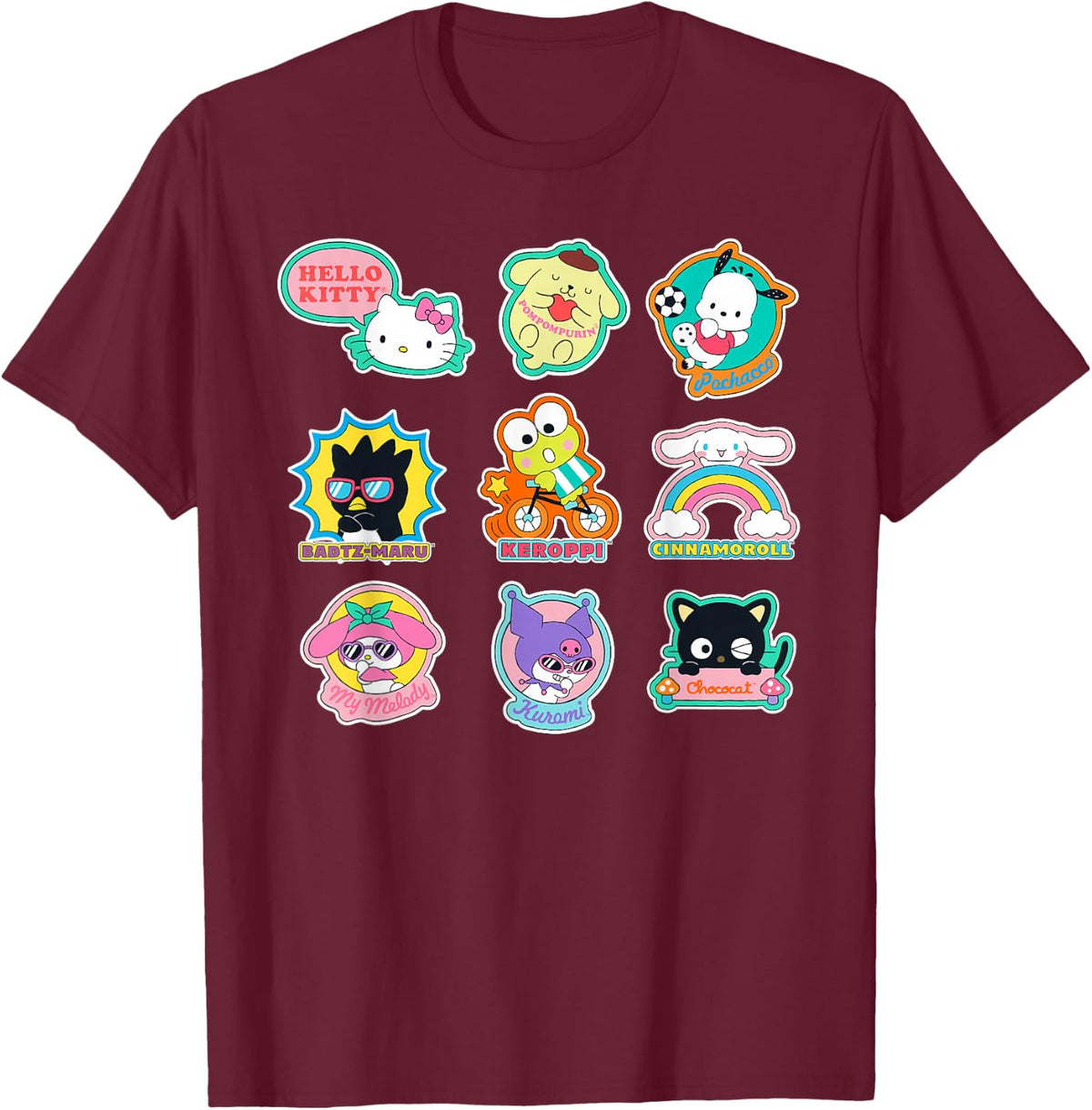 SANRIO Hello Kitty and Friends Supercute Stickers Adult Child Black Small Classic Fit Short Sleeve Cotton 60% Polyester 40% T-Shirt - T-Shirt | Maroon