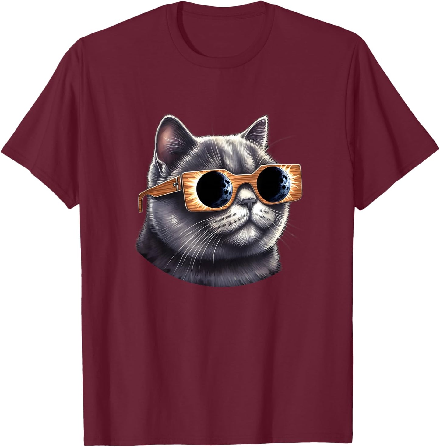 British Short Hair Cat with Solar Eclipse Glasses T-Shirt - T-Shirt | Maroon