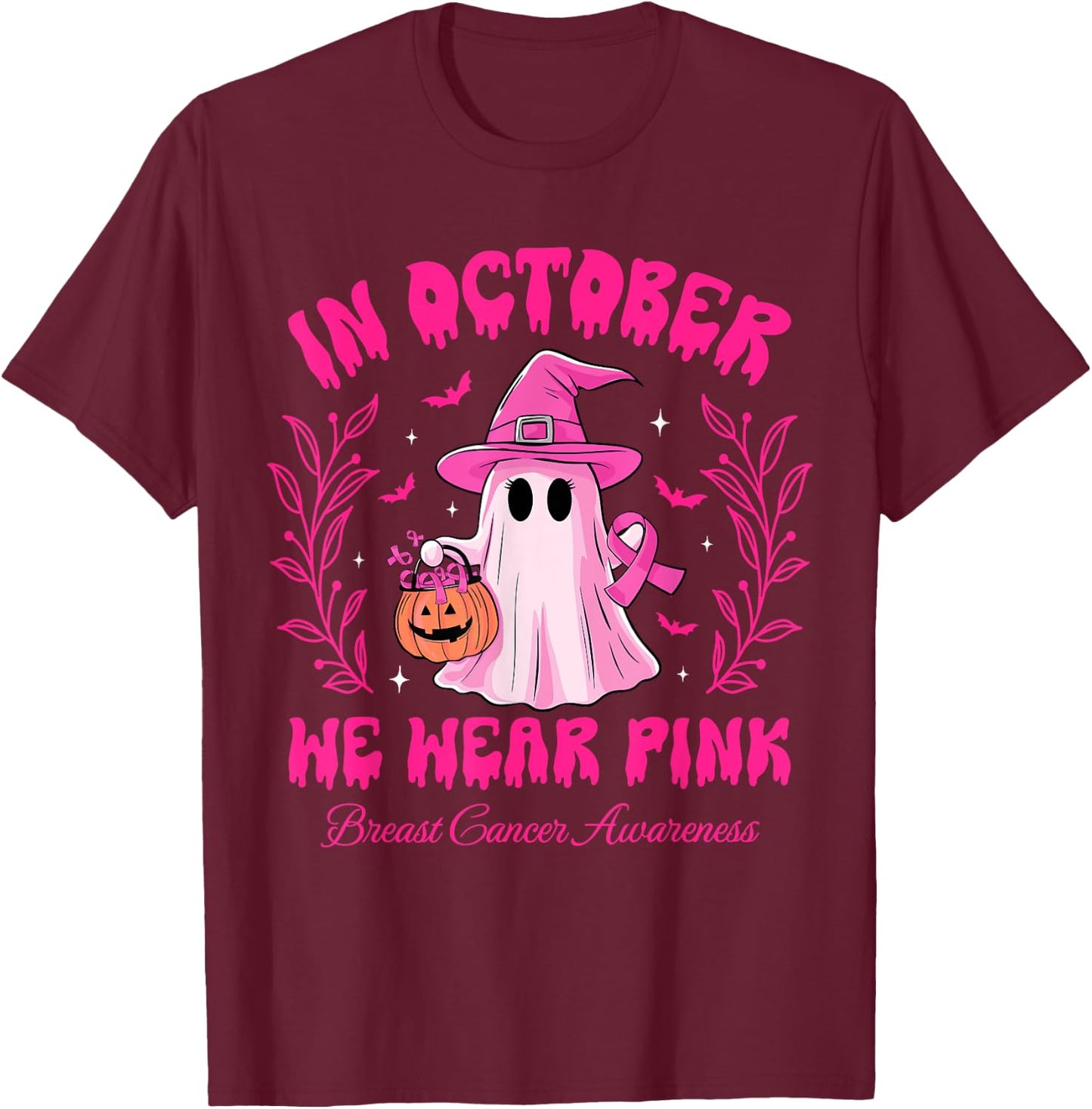 In October We Wear Pink Breast Cancer Awareness Halloween T-Shirt - T-Shirt | Maroon