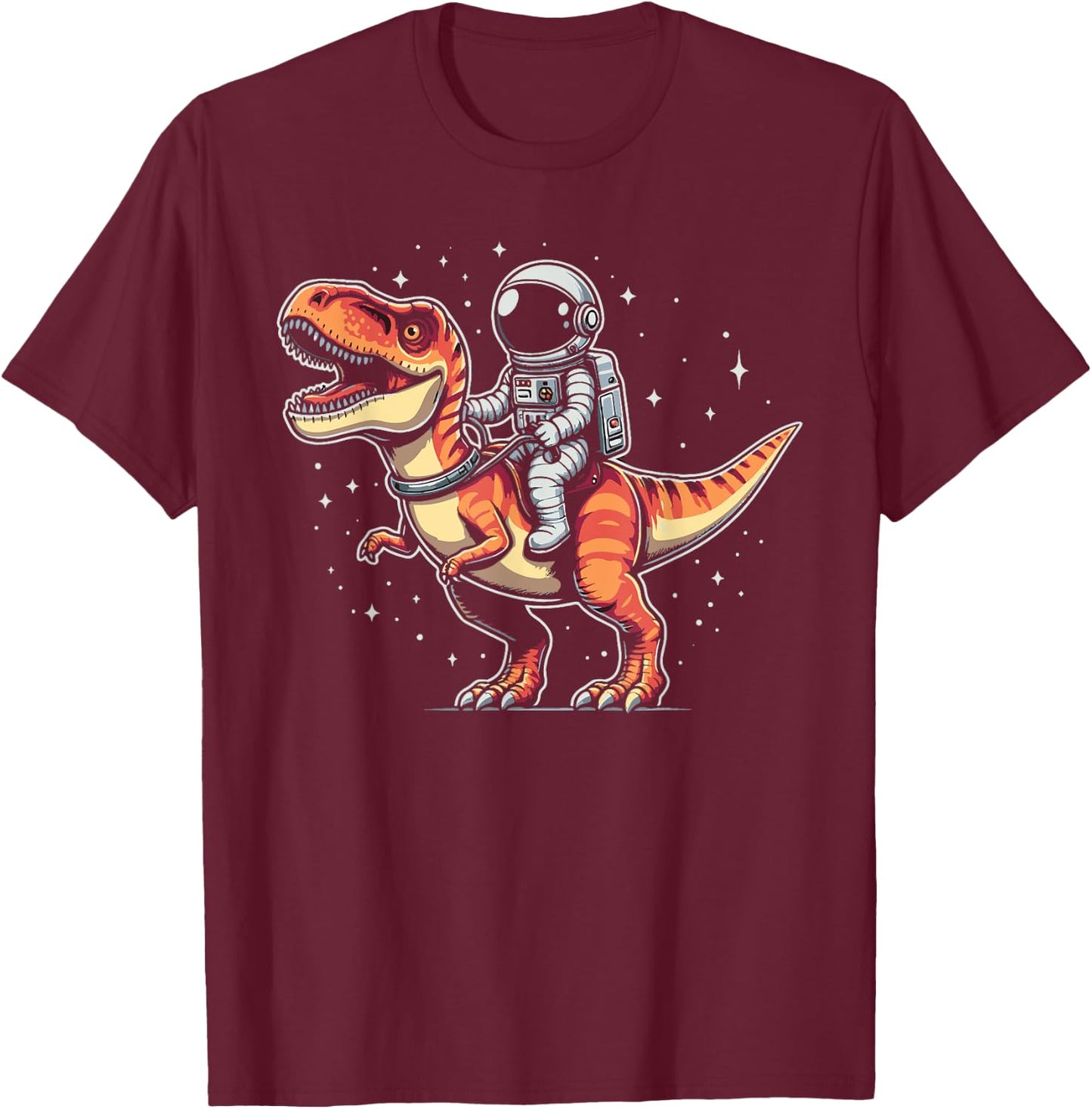 Astronaut Riding T-Rex Dinosaur Spaceman Cosmonaut T-Shirt - T-Shirt | Maroon