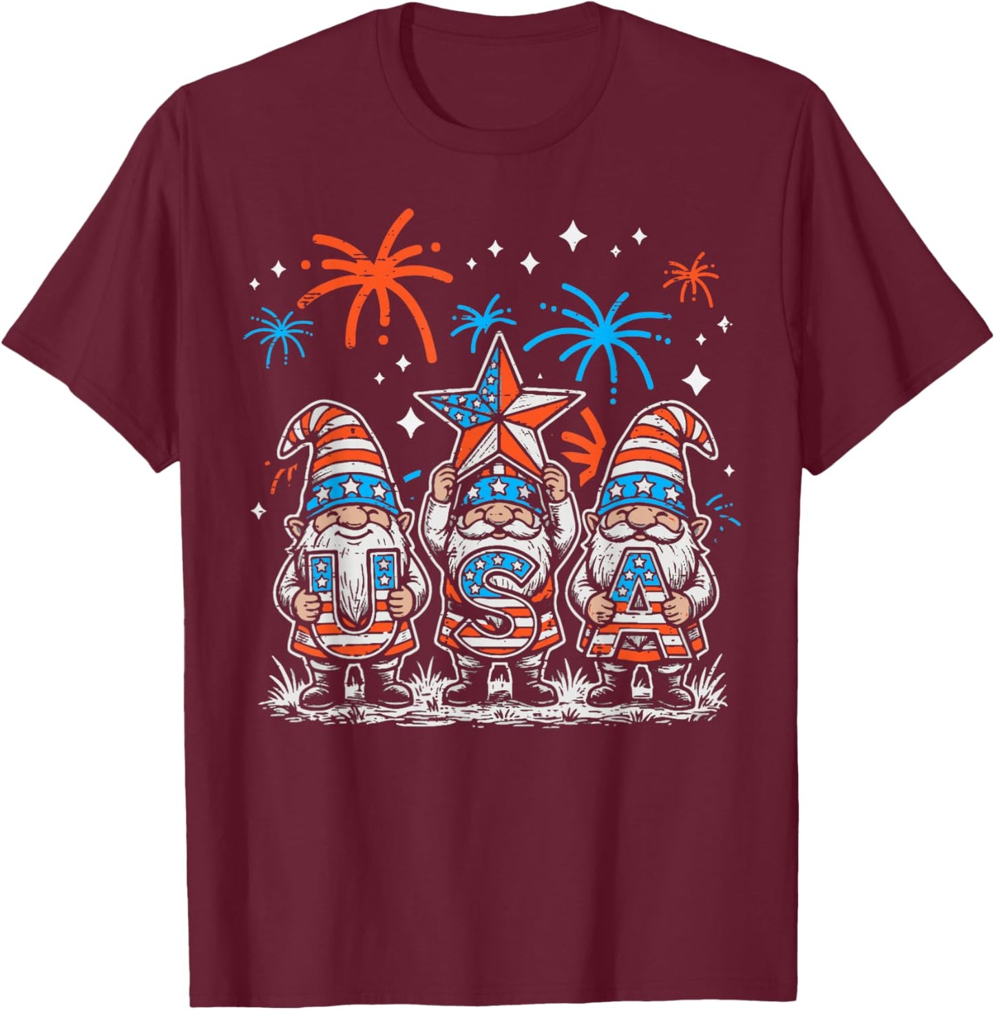 4th of July Gnomes USA Fireworks Patriotic Men Women Kids T-Shirt - T-Shirt | Maroon