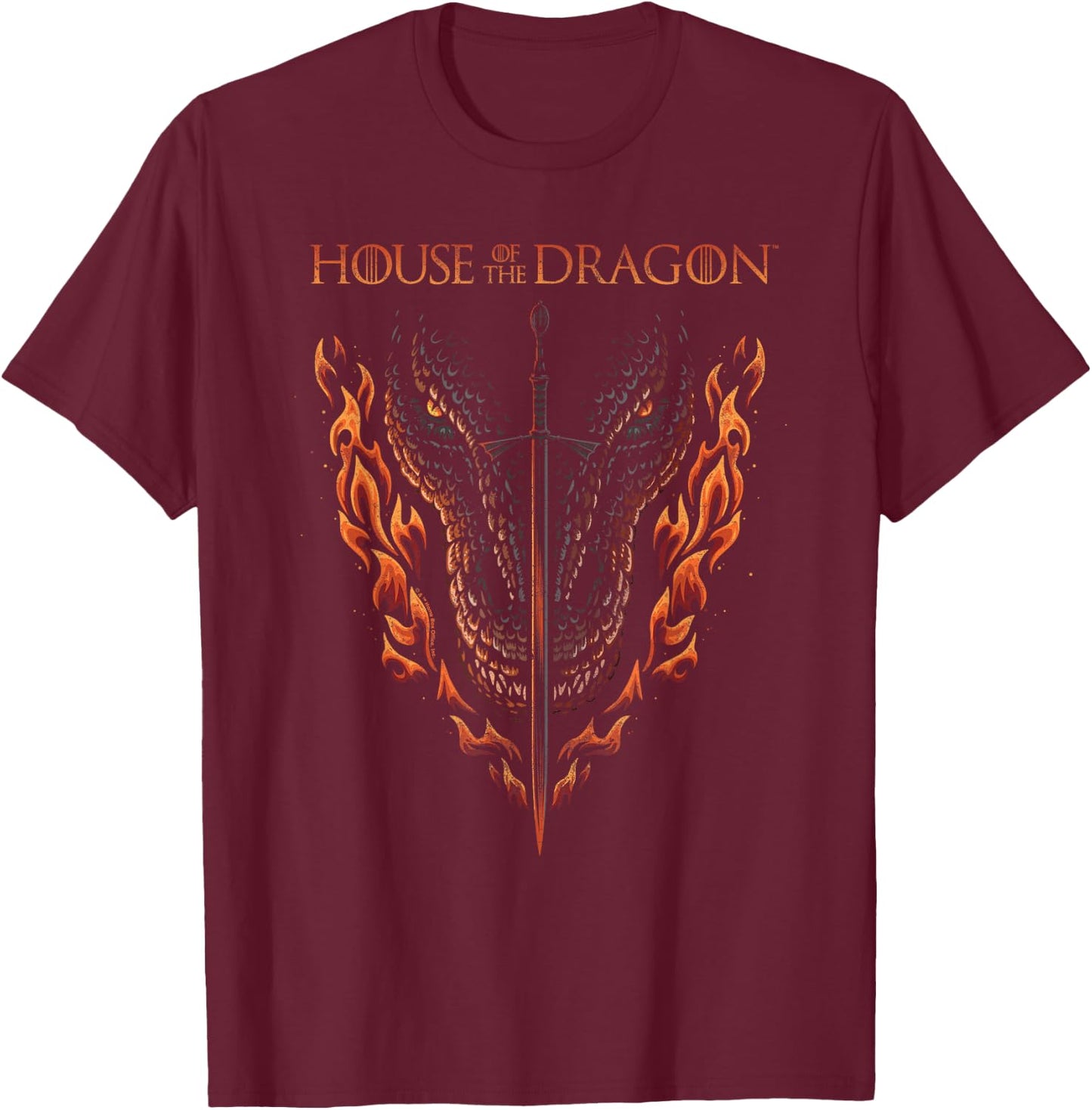 House of the Dragon Fire, Sword And Dragon T-Shirt - T-Shirt | Maroon