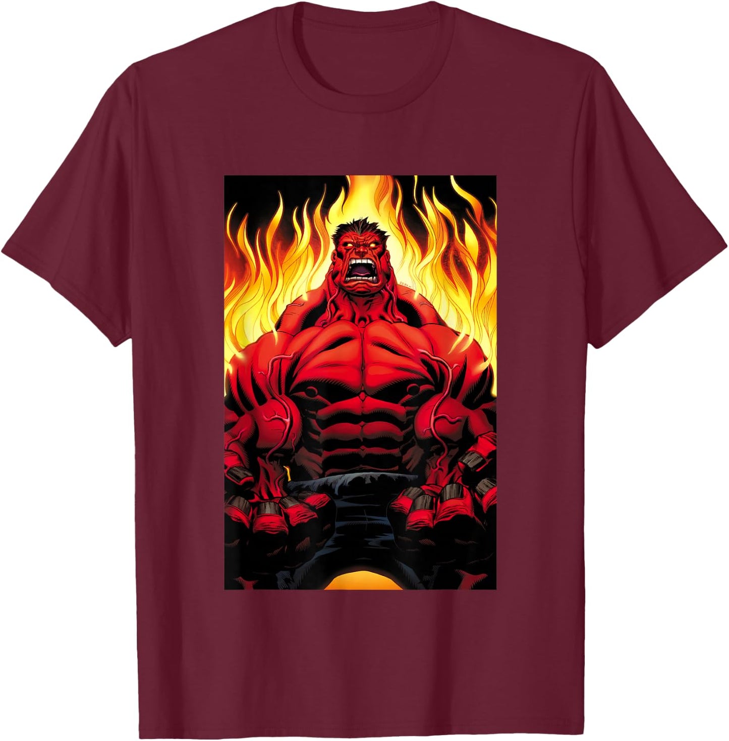 Marvel Universe Classic Red Hulk Extreme Rage On Fire T-Shirt - T-Shirt | Maroon