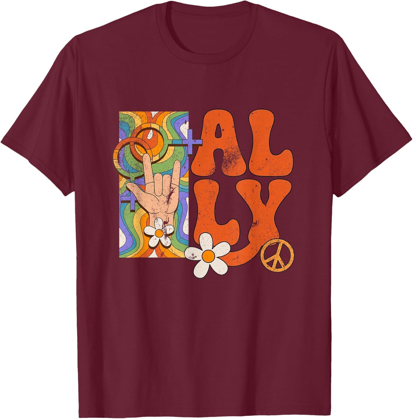 Retro LGBTQ Ally Pride Month Rainbow Proud Ally Women Girls T-Shirt - T-Shirt | Maroon