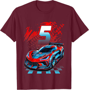 Kids 5 Year Old Race Car 5th Birthday Party Racing Racecar T-Shirt - T-Shirt | Maroon