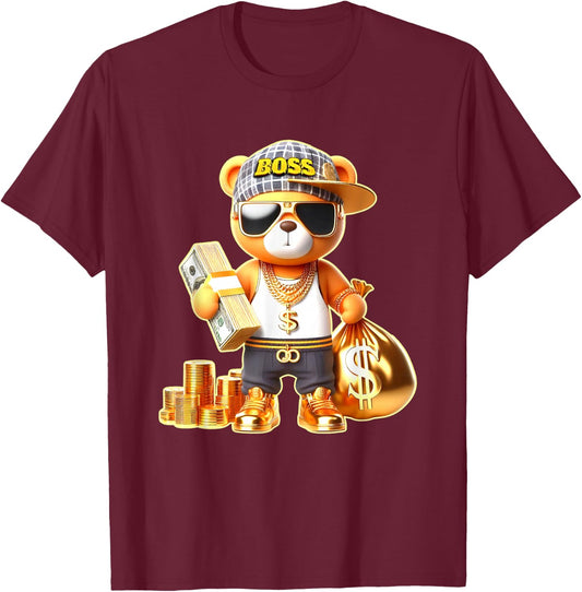 Teddy Bear Boss Money T-Shirt - T-Shirt | Maroon