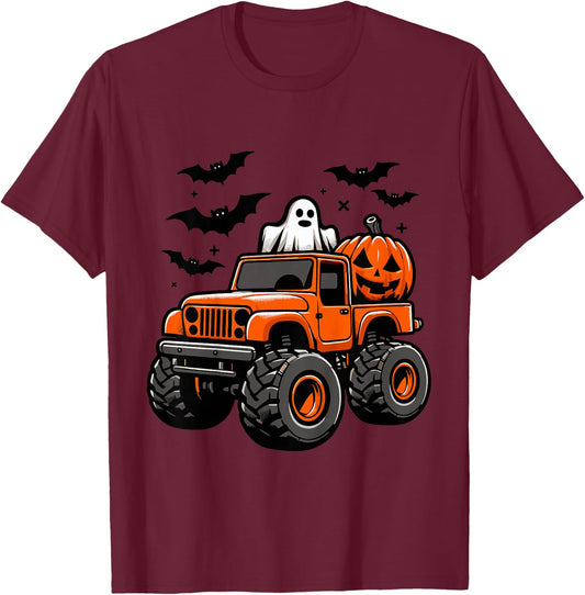 Kids Monster Truck Ghost Pumpkin Halloween Costume T-Shirt - T-Shirt | Maroon