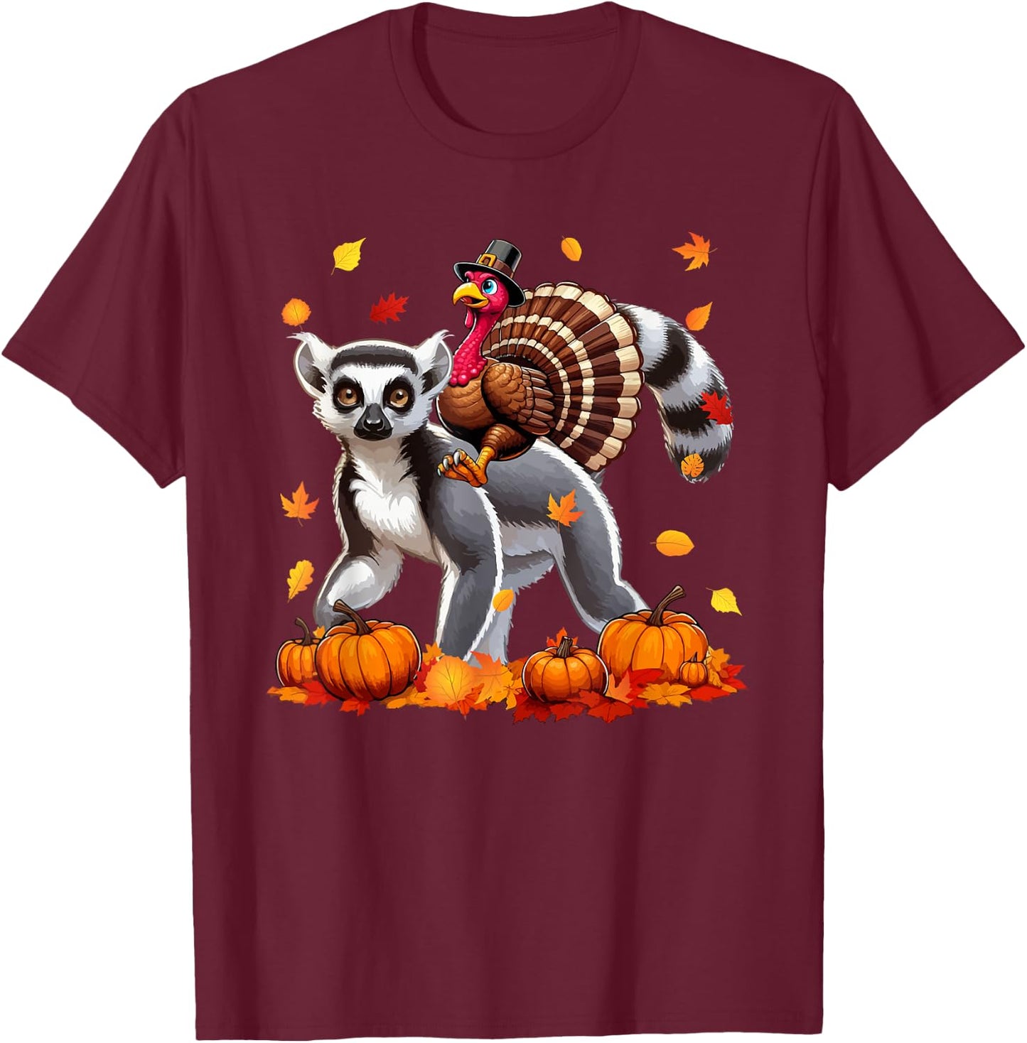 Turkey Riding Lemur Thanksgiving Fall Leaves Pumpkins T-Shirt - T-Shirt | Maroon