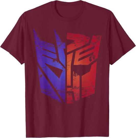 Transformers Decepticon Autobot Distressed Split Logo T-Shirt - T-Shirt | Maroon