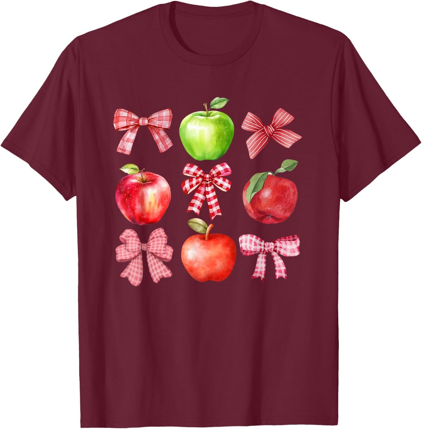 Coquette Apple Picking Crew Apple Picking Season Red Bows T-Shirt - T-Shirt | Maroon