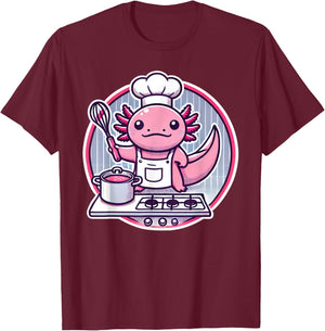 Cute Axolotl Chef Cooking T-Shirt - T-Shirt | Maroon