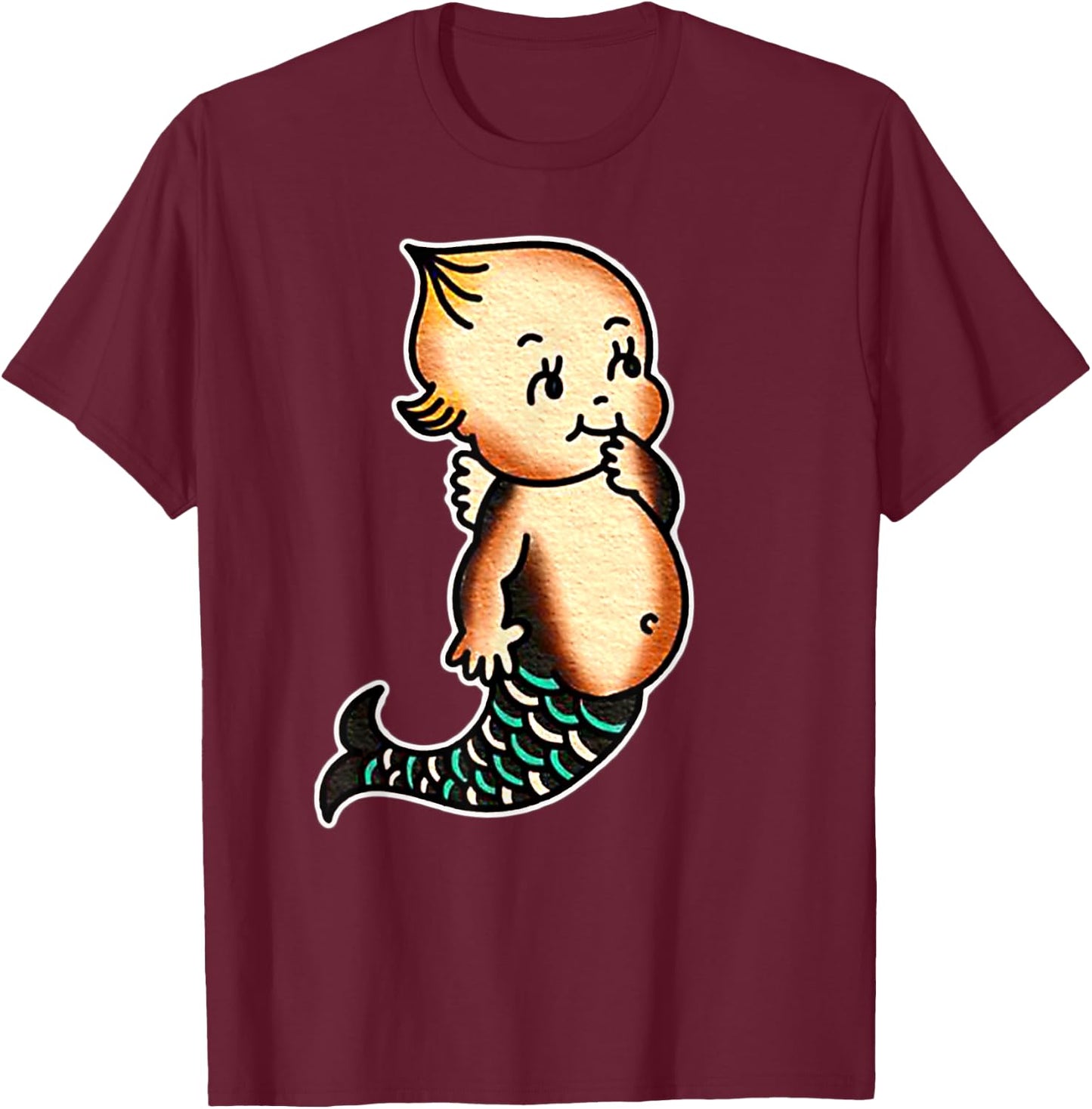 Kewpie Baby Mermaid Traditional Tattoo Flash T-Shirt - T-Shirt | Maroon