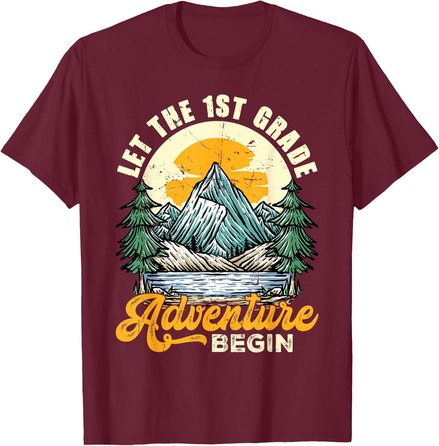 Retro Let The 1st Grade Adventure Begin Back To School Boys T-Shirt - T-Shirt | Maroon