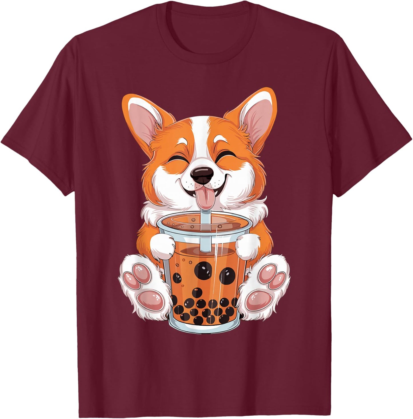 Corgi Dog Bubble Boba Tea Anime Cute Kawaii Corgi Dog T-Shirt - T-Shirt | Maroon