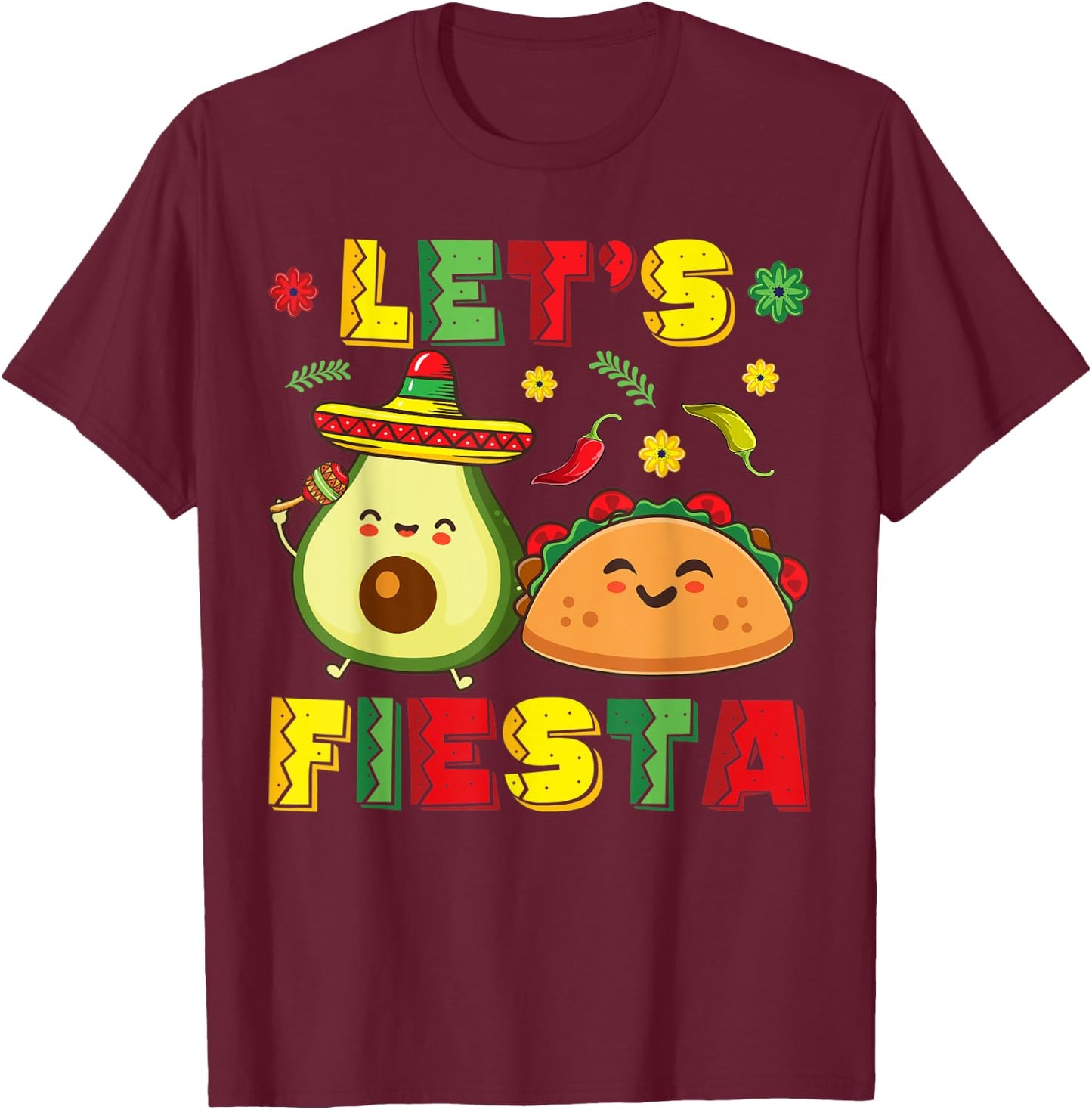 Mexican Cinco De Mayo Shirt Taco And Avocado Let's Fiesta T-Shirt - T-Shirt | Maroon