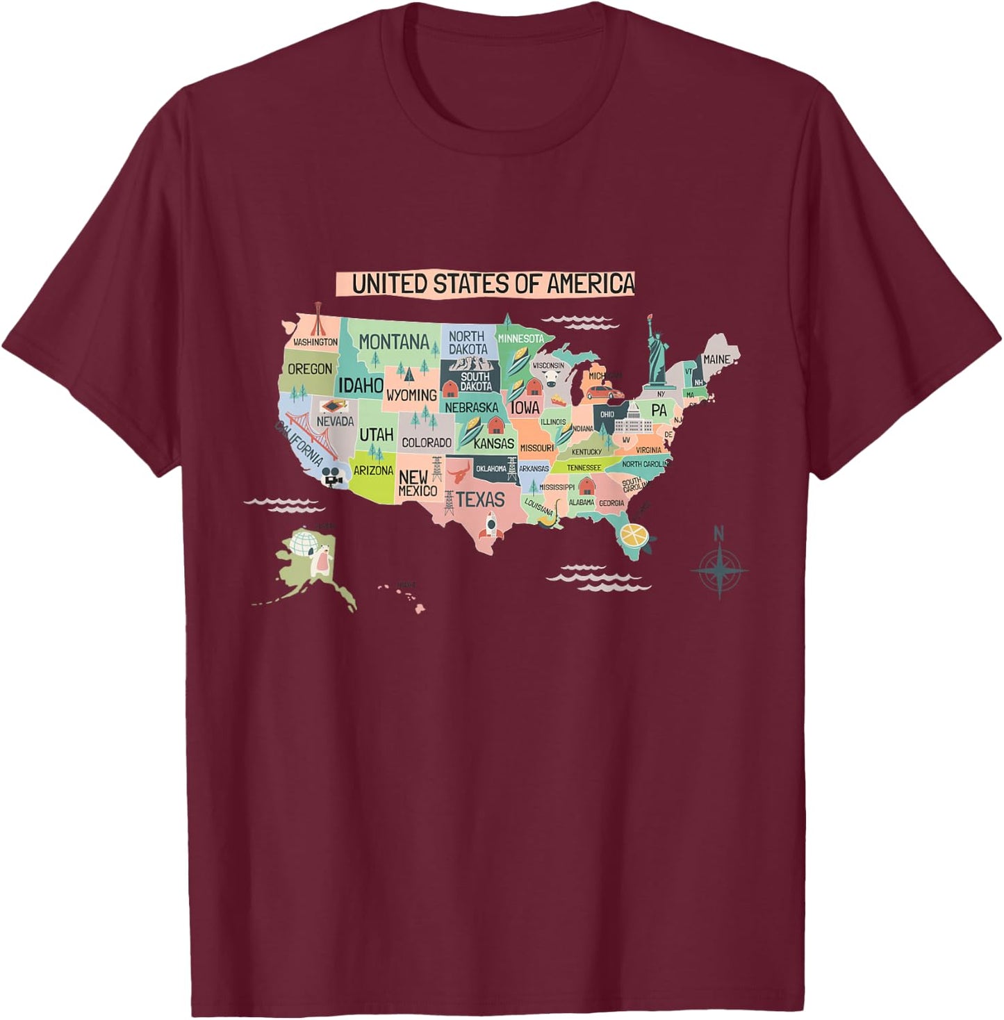 United States America Educational USA Wonders & States Map T-Shirt - T-Shirt | Maroon