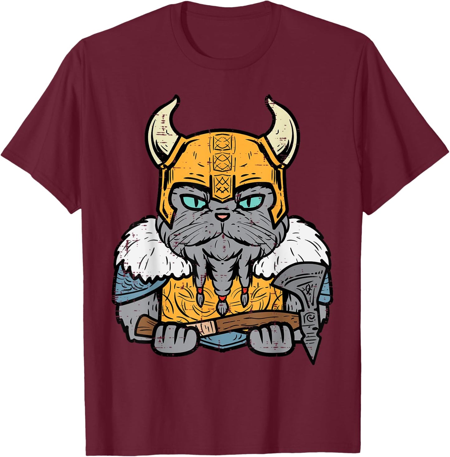 Viking Cat Axe Norse Mythology Kitten Women Girls Kids Men T-Shirt - T-Shirt | Maroon