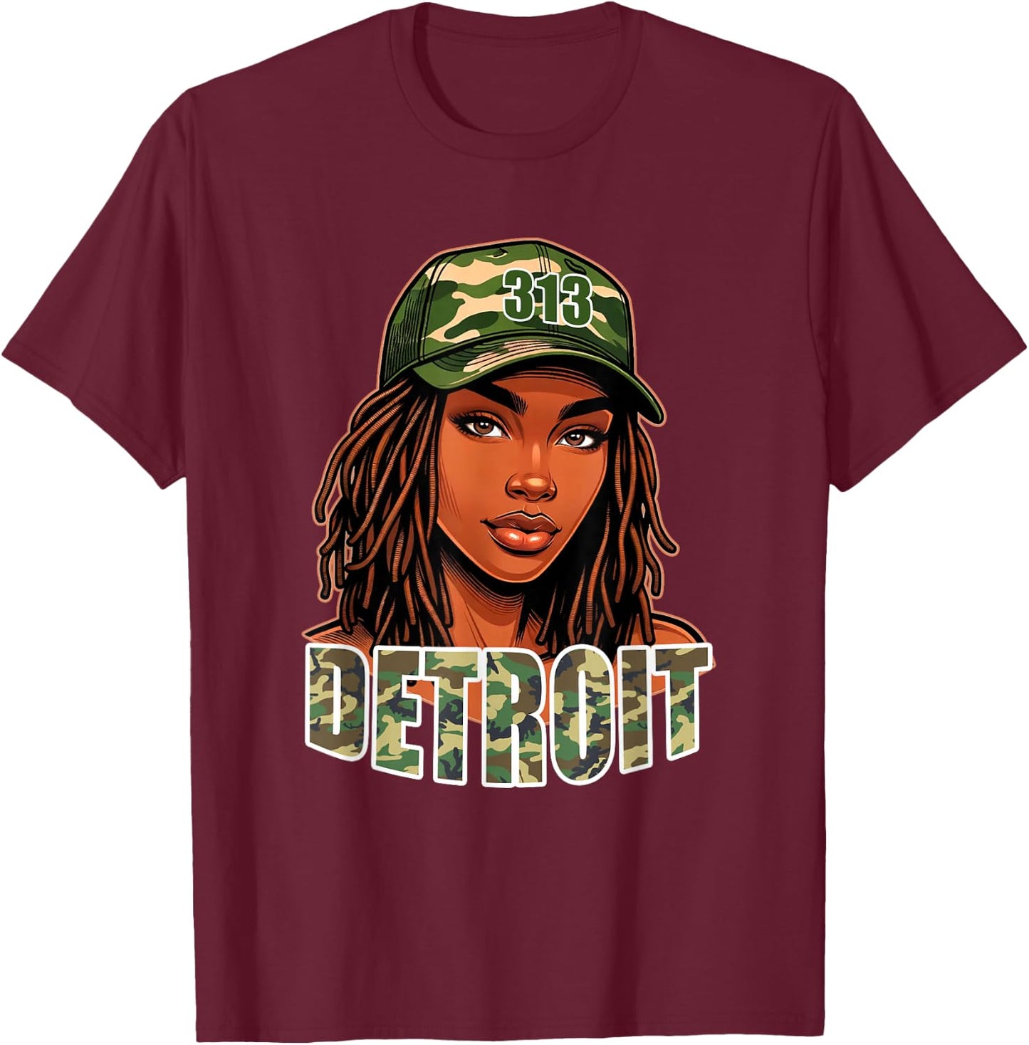 Detroit 313 Camo Hat Black Woman Locs T-Shirt - T-Shirt | Maroon