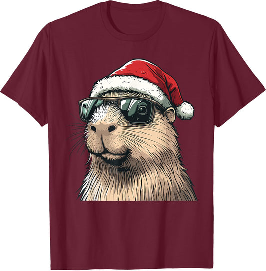 Xmas Capybara Lovers Christmas Pajama Capybara Santa Hat T-Shirt - T-Shirt | Maroon