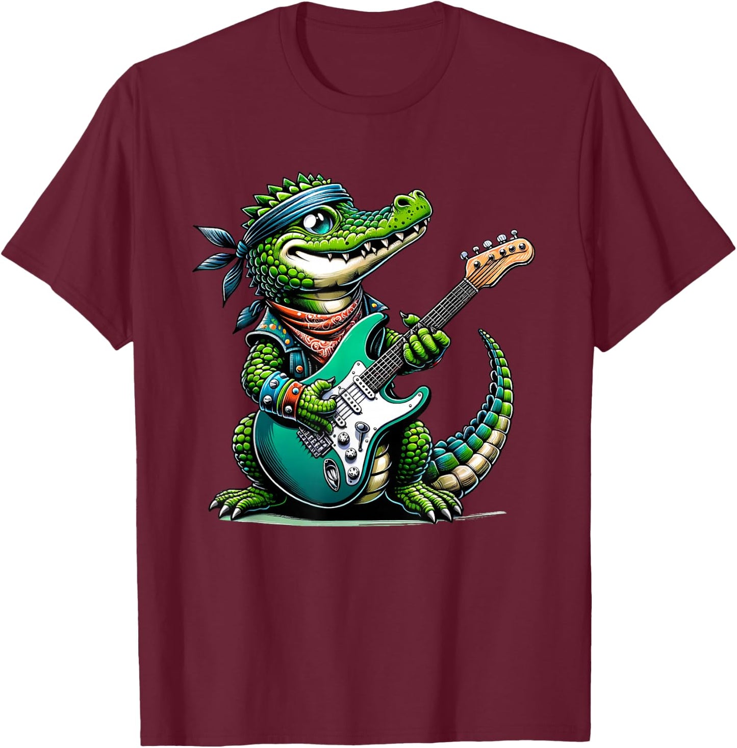 Crocodile Rock Star: Playful Guitar-Playing Alligator T-Shirt - T-Shirt | Maroon