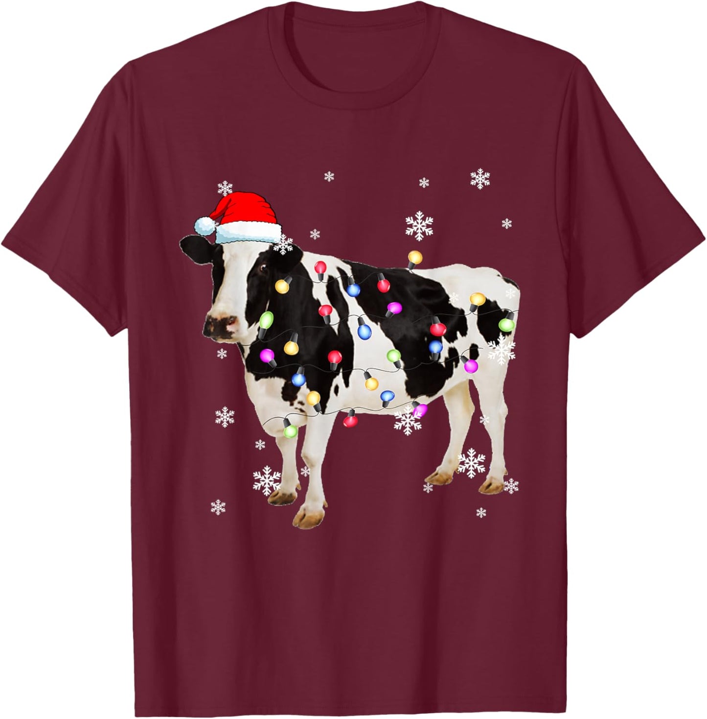 Christmas Cow Shirt Cow Tree Light Xmas Funny Cow T-Shirt - T-Shirt | Maroon