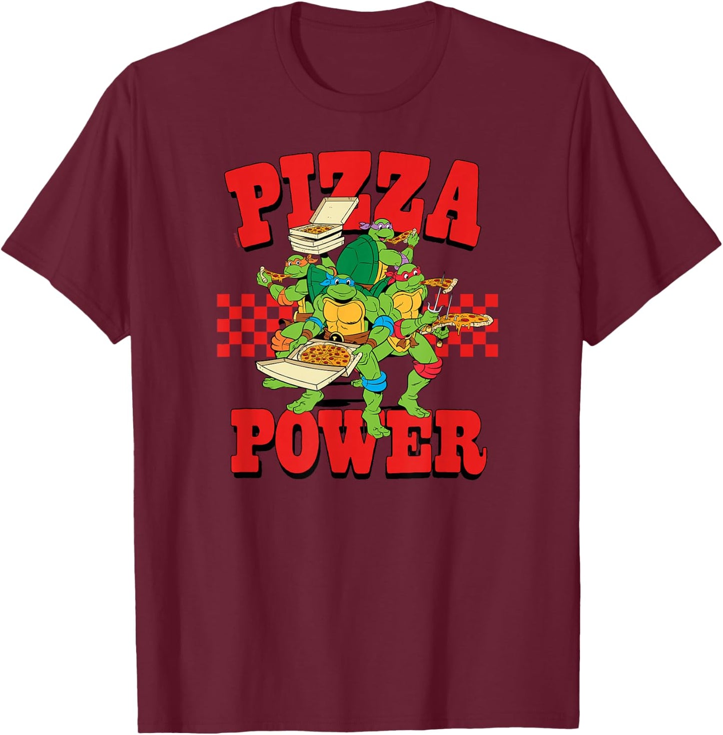 Teenage Mutant Ninja Turtles - Pizza Power Checkered T-Shirt - T-Shirt | Maroon