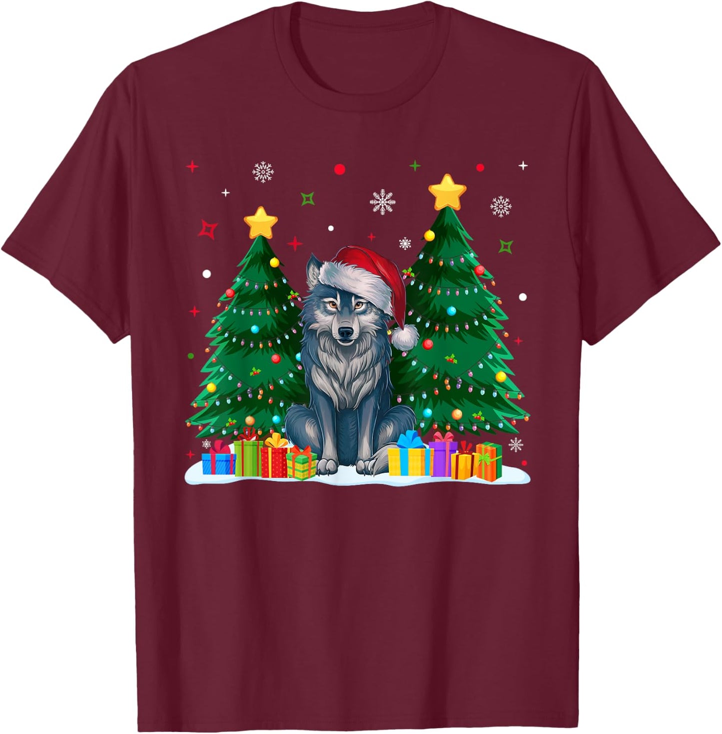 Funny Animal Lovers Wolf Santa Hat Ugly Christmas Sweater T-Shirt - T-Shirt | Maroon