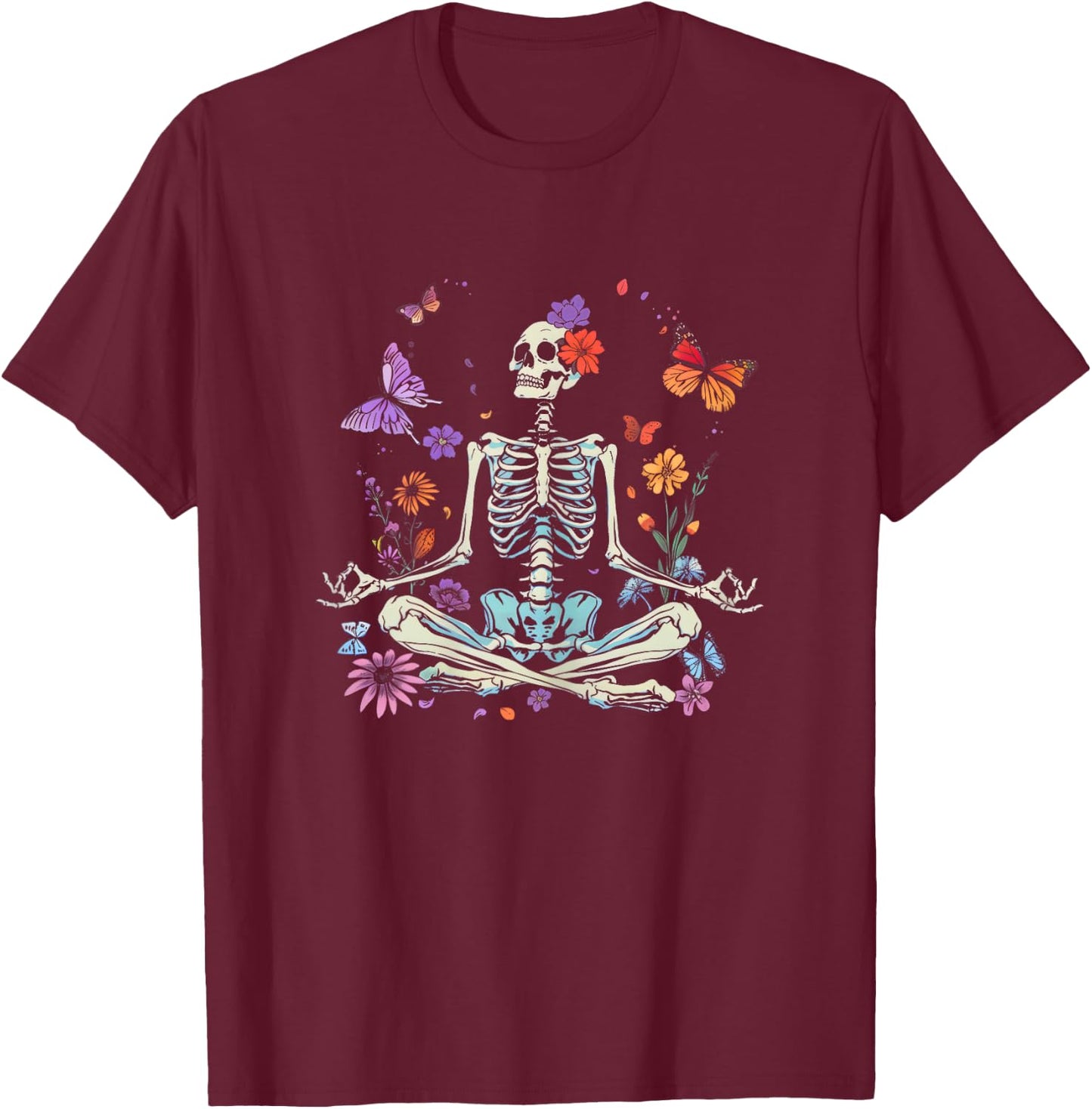 Women Yoga Skeleton Halloween Funny Meditating Skeleton Mama T-Shirt - T-Shirt | Maroon