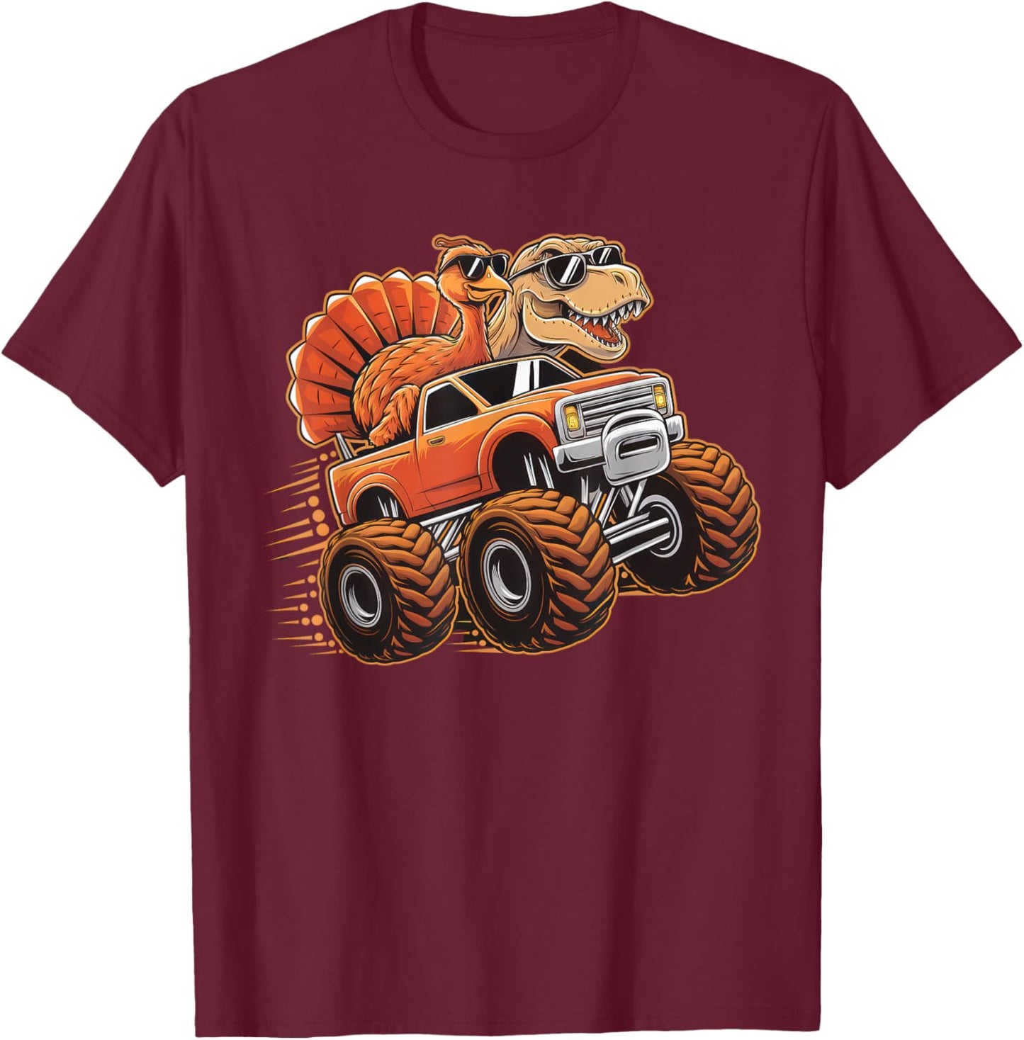 Monster Truck Thanksgiving Dinosaur Shirt Kids Boys Toddlers T-Shirt - T-Shirt | Maroon