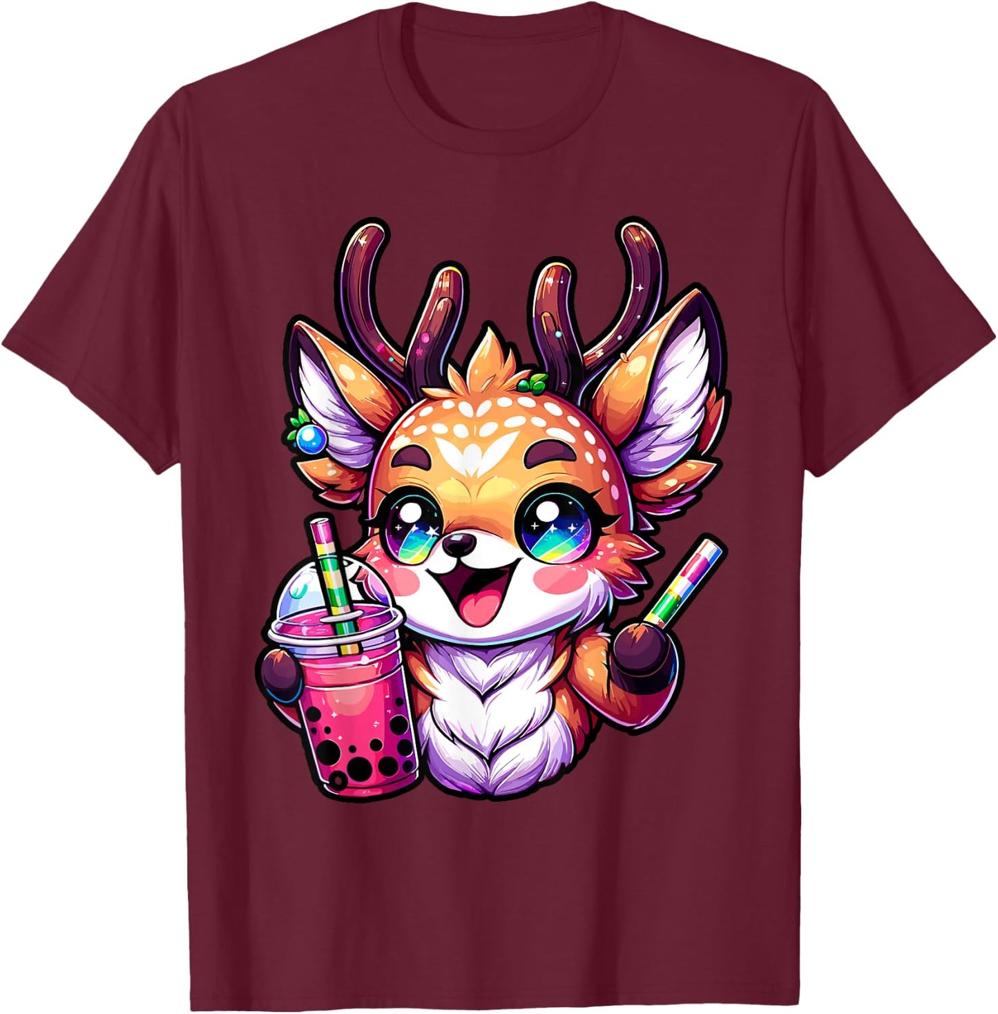 Deer kawaii Bubble Tea Anime Kawaii Milk tea T-Shirt - T-Shirt | Maroon