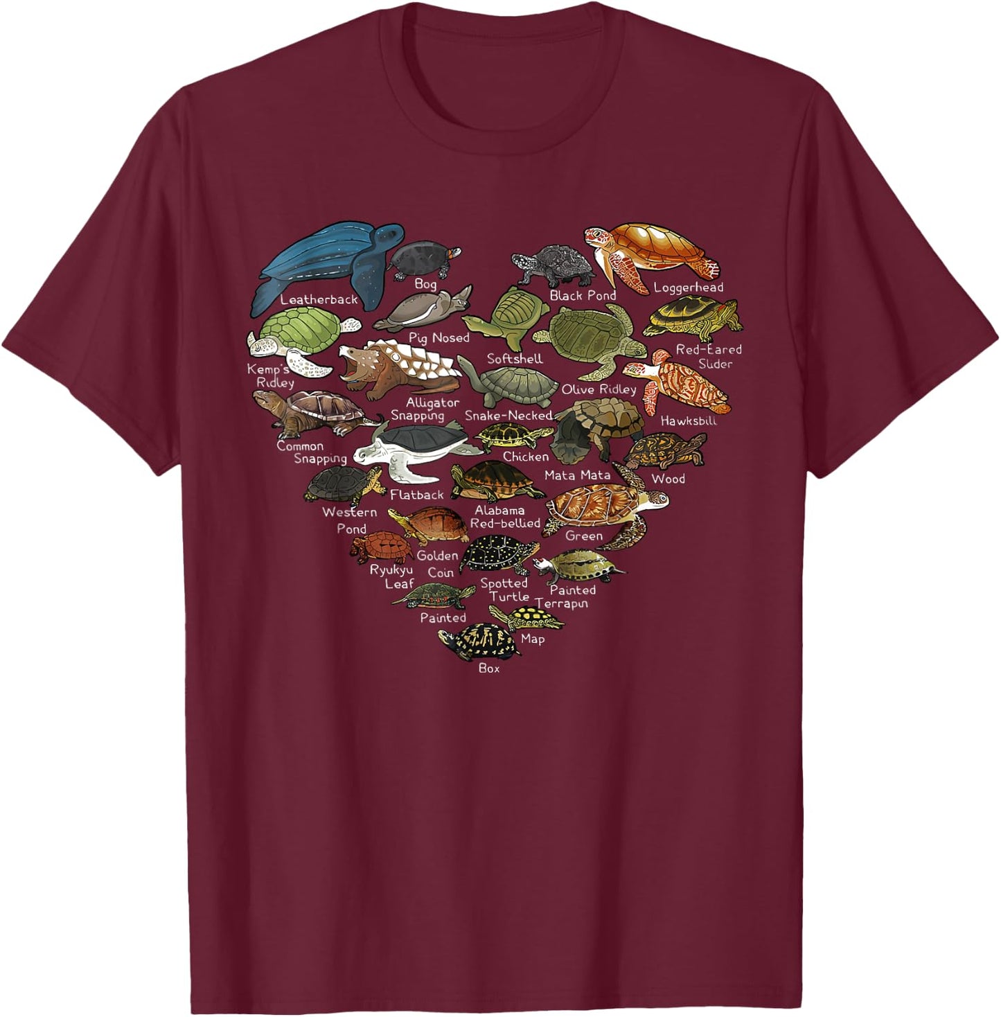 Love Sea Turtles Heart Types Of Turtle Ocean Animals Lover T-Shirt - T-Shirt | Maroon