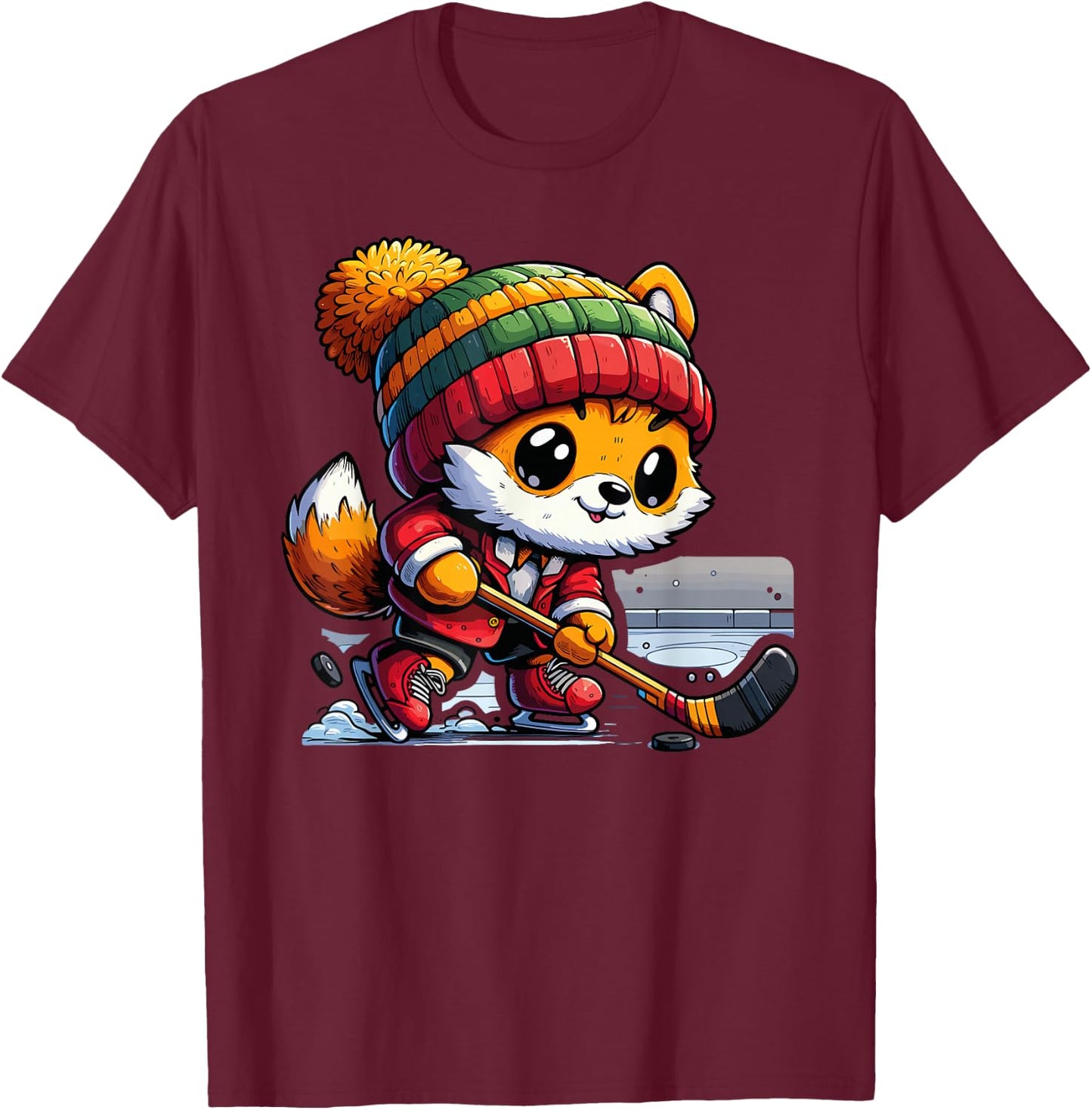 Cute Fox Playing Ice Hockey Skating Winter Sports Player T-Shirt - T-Shirt | Maroon