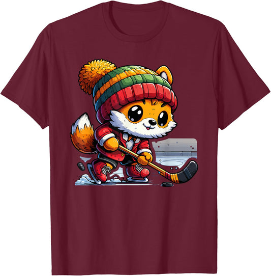 Cute Fox Playing Ice Hockey Skating Winter Sports Player T-Shirt - T-Shirt | Maroon