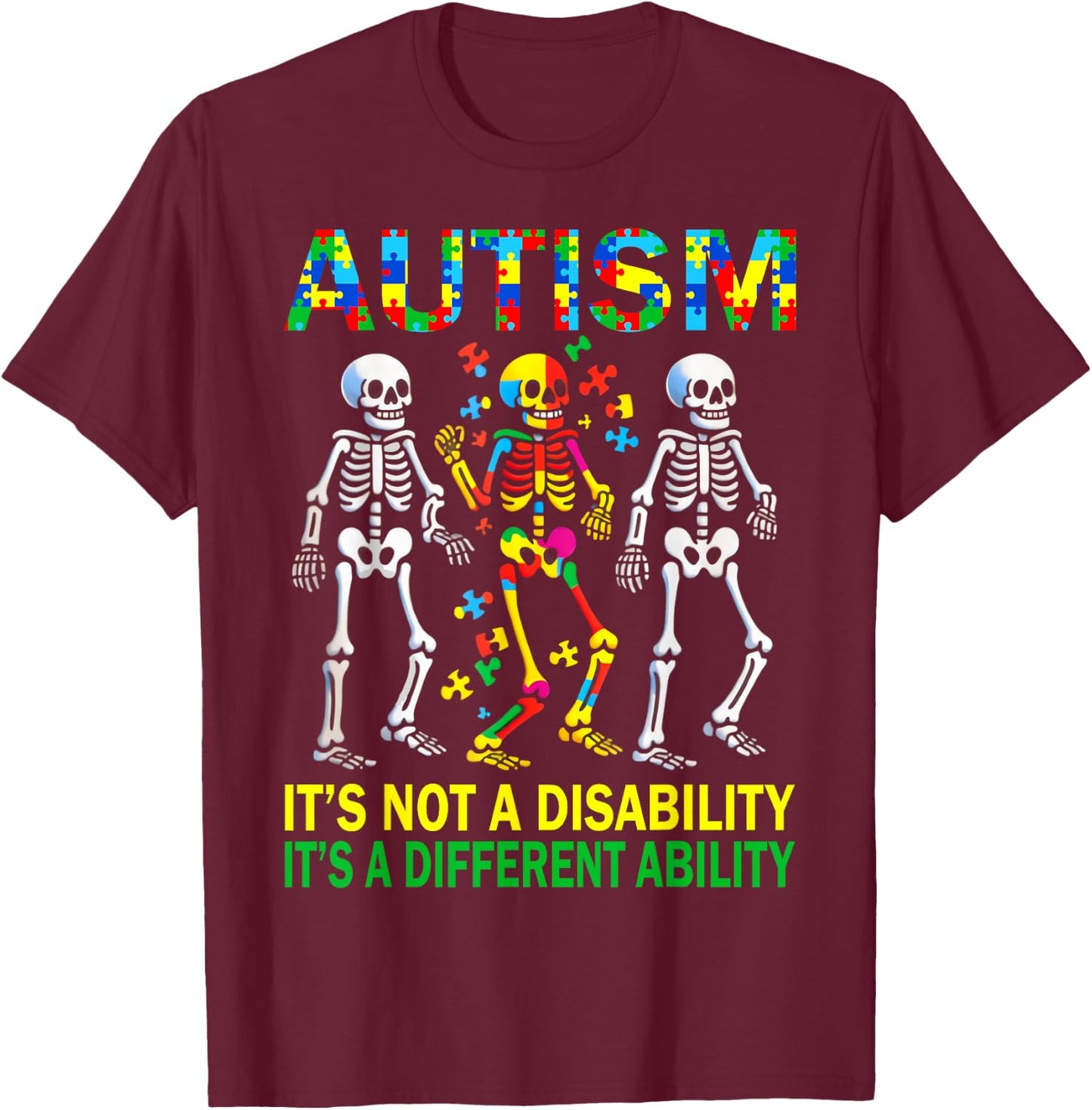 Autism Awareness Skeleton Dancing Autistic Kids Awareness T-Shirt - T-Shirt | Maroon