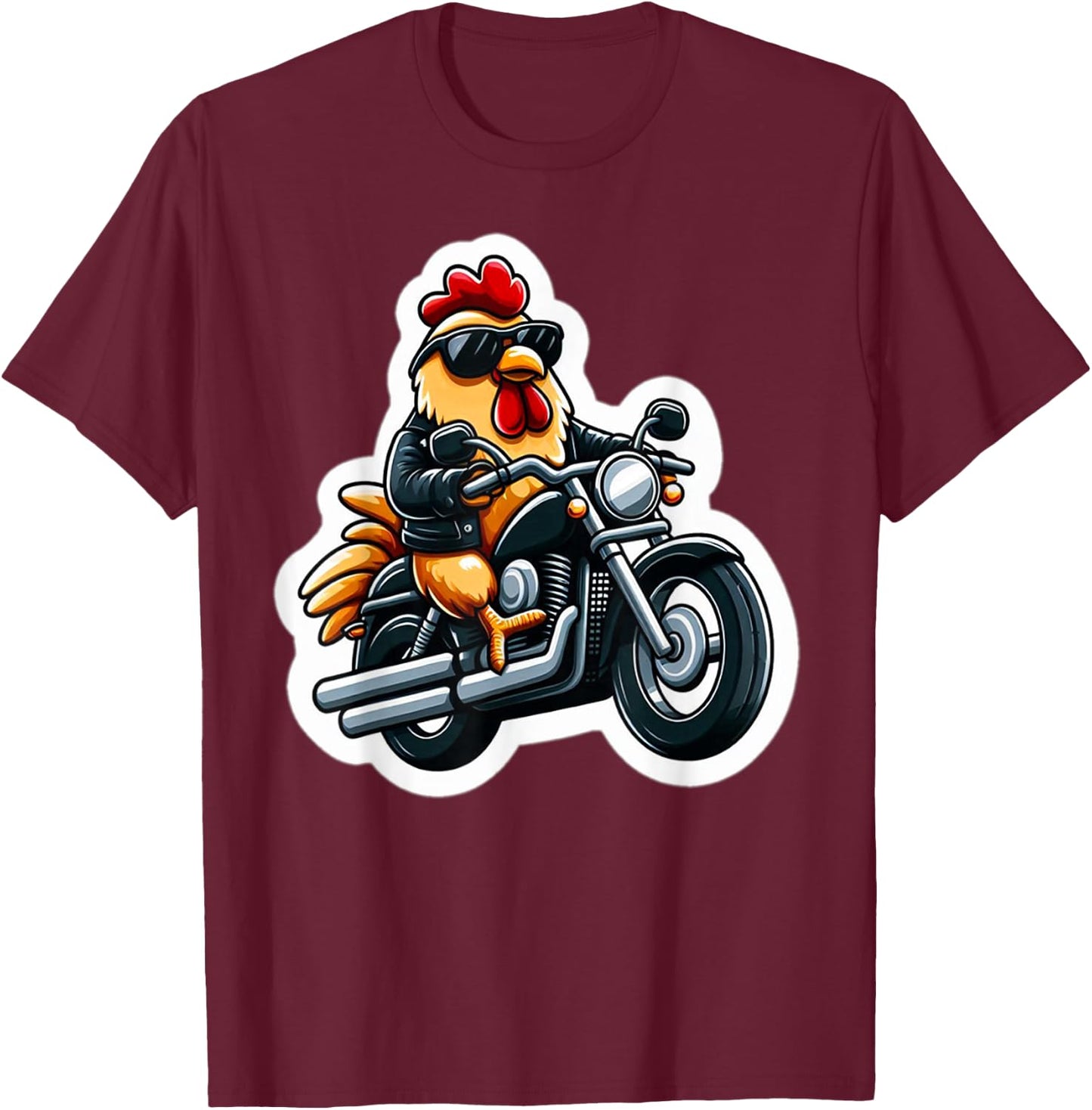 Cool Biker Chicken on Motorcycle T-Shirt - T-Shirt | Maroon