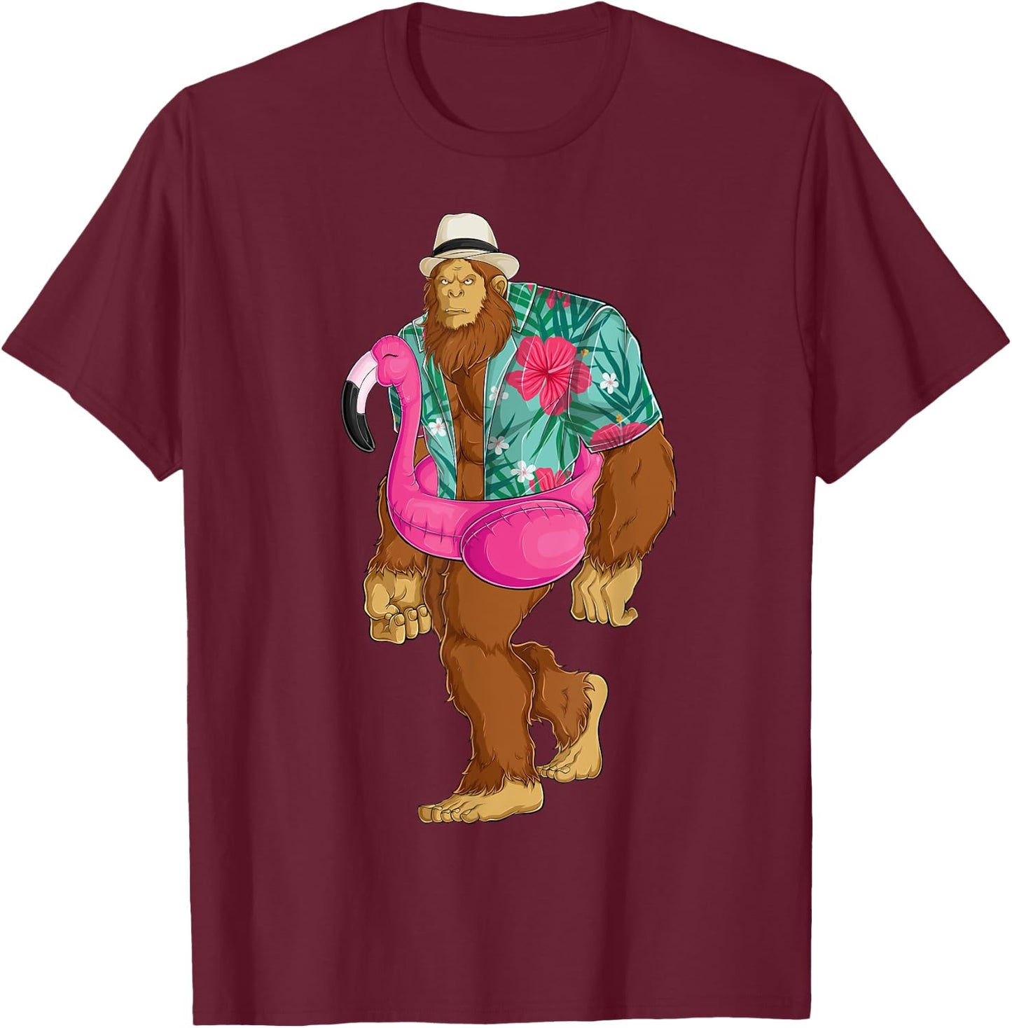 Bigfoot Sasquatch Pink Flamingo Aloha Beach Hawaiian Party Men Women Girls Kids T-Shirt - T-Shirt | Maroon