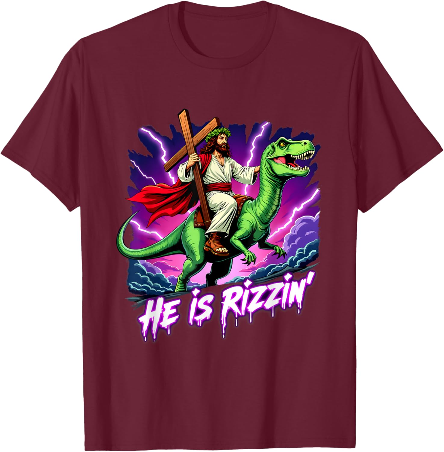 Retro Jesus Christian He Is Rizzin' Riding T-Rex Dinosaur T-Shirt - T-Shirt | Maroon