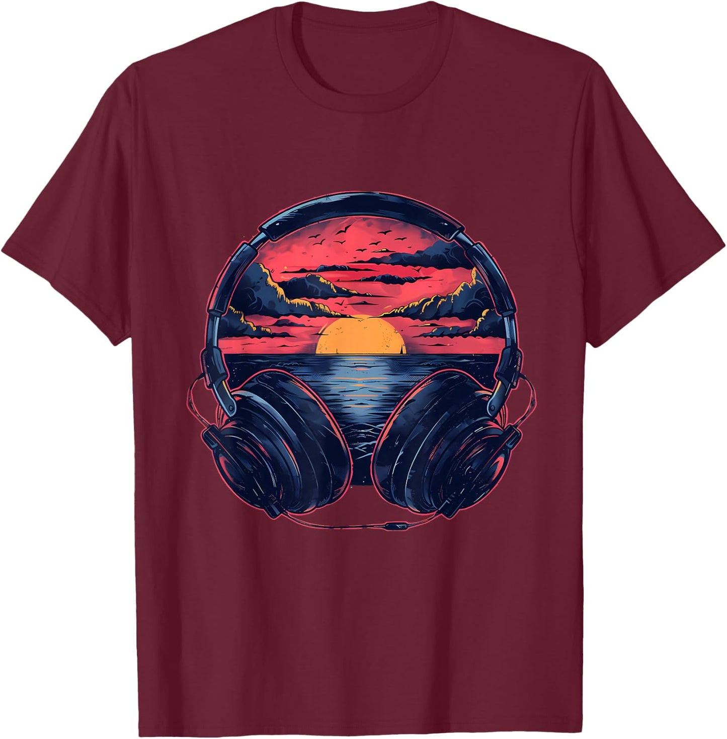 Headphones Music DJ Artwork Beatmaker House Music Sunset T-Shirt - T-Shirt | Maroon