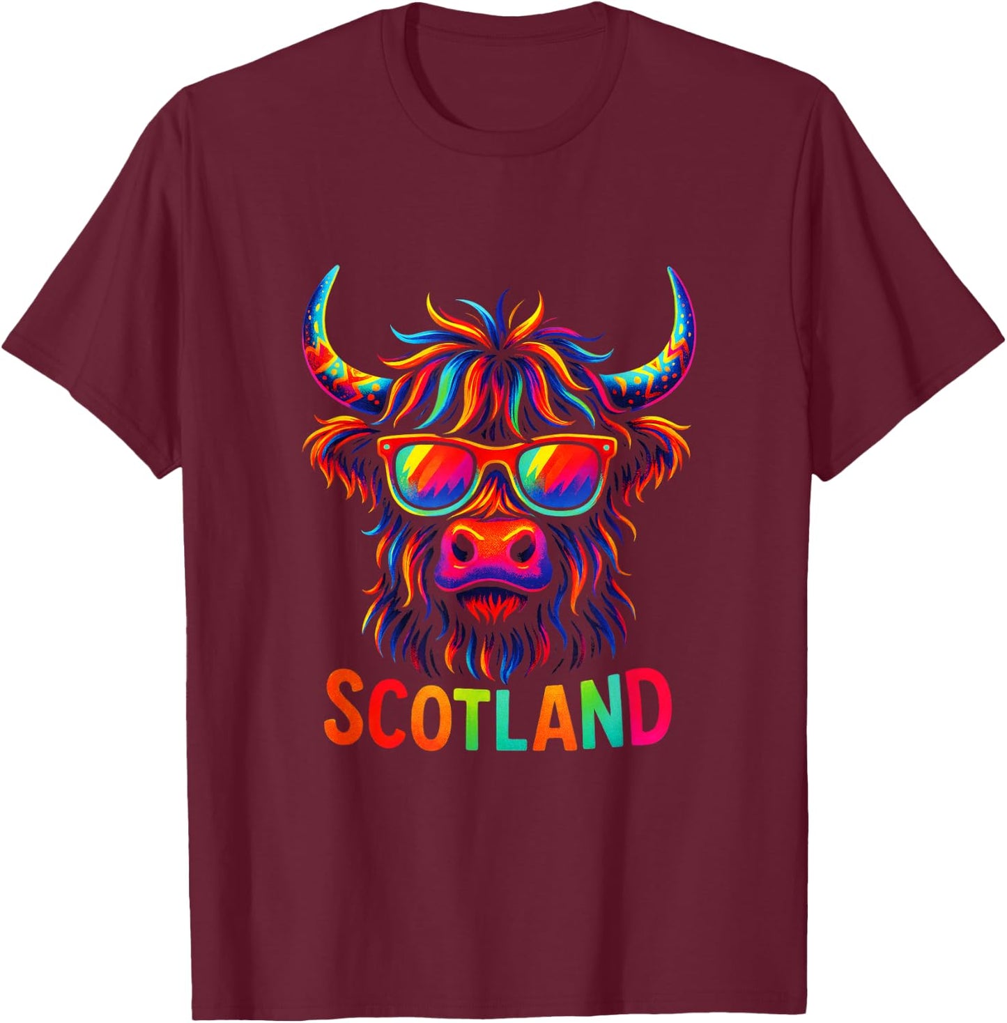 Scotland - Highland Cow Travel Art T-Shirt - T-Shirt | Maroon