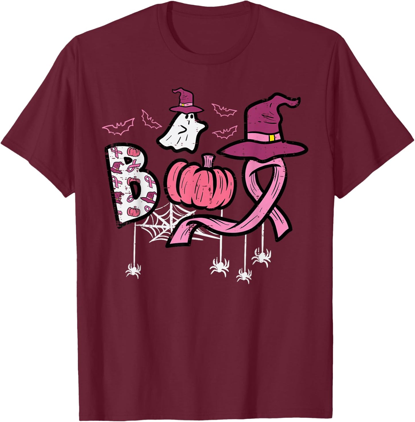 Breast Cancer Boo Halloween Pink Ribbon Aware Women Kids Men T-Shirt - T-Shirt | Maroon