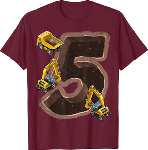 5th Birthday Excavator Construction Vehicles Party Gift Boys T-Shirt - T-Shirt | Maroon