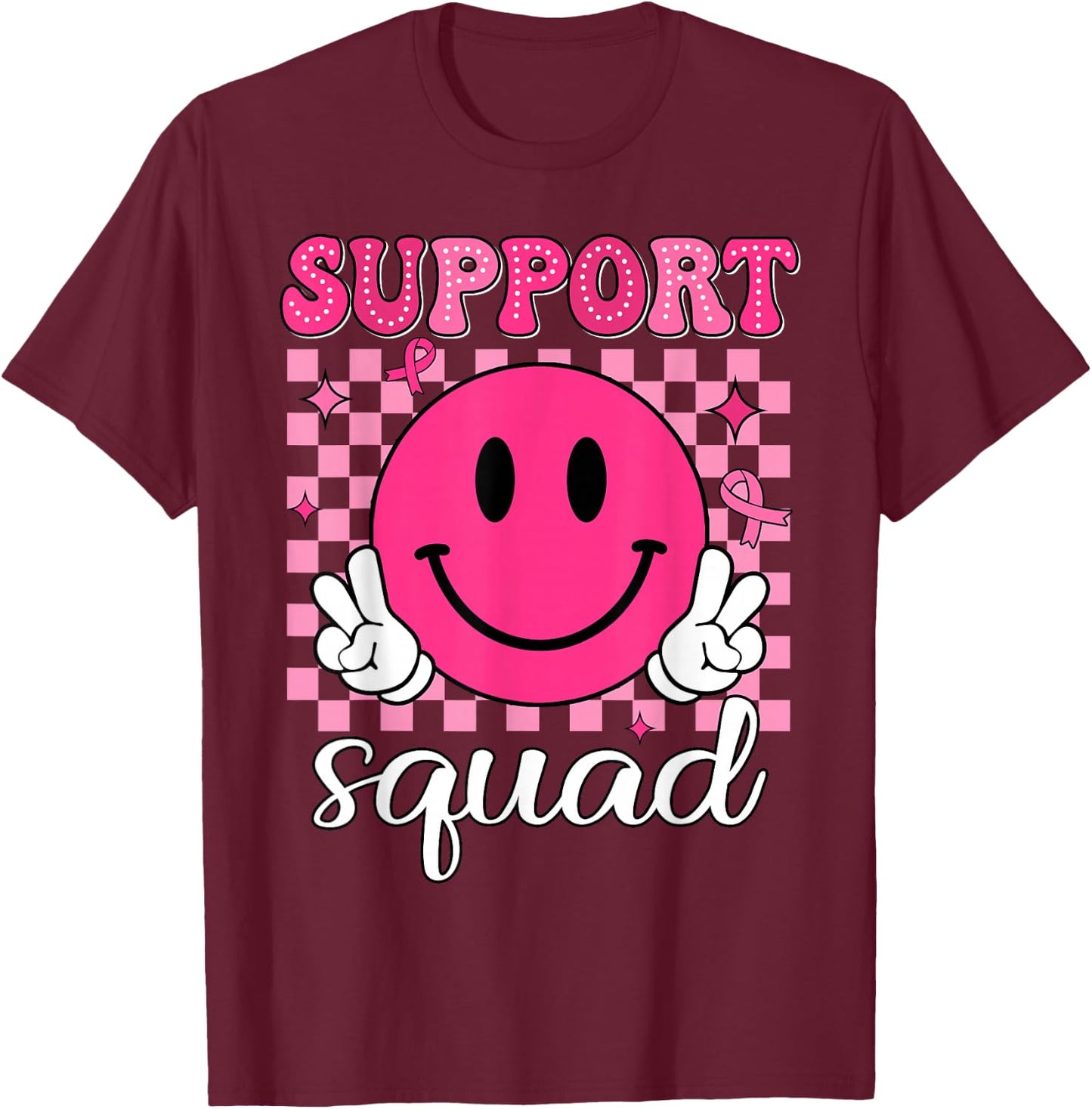 Groovy Breast Cancer Awareness Men Women Kids Support Squad T-Shirt - T-Shirt | Maroon
