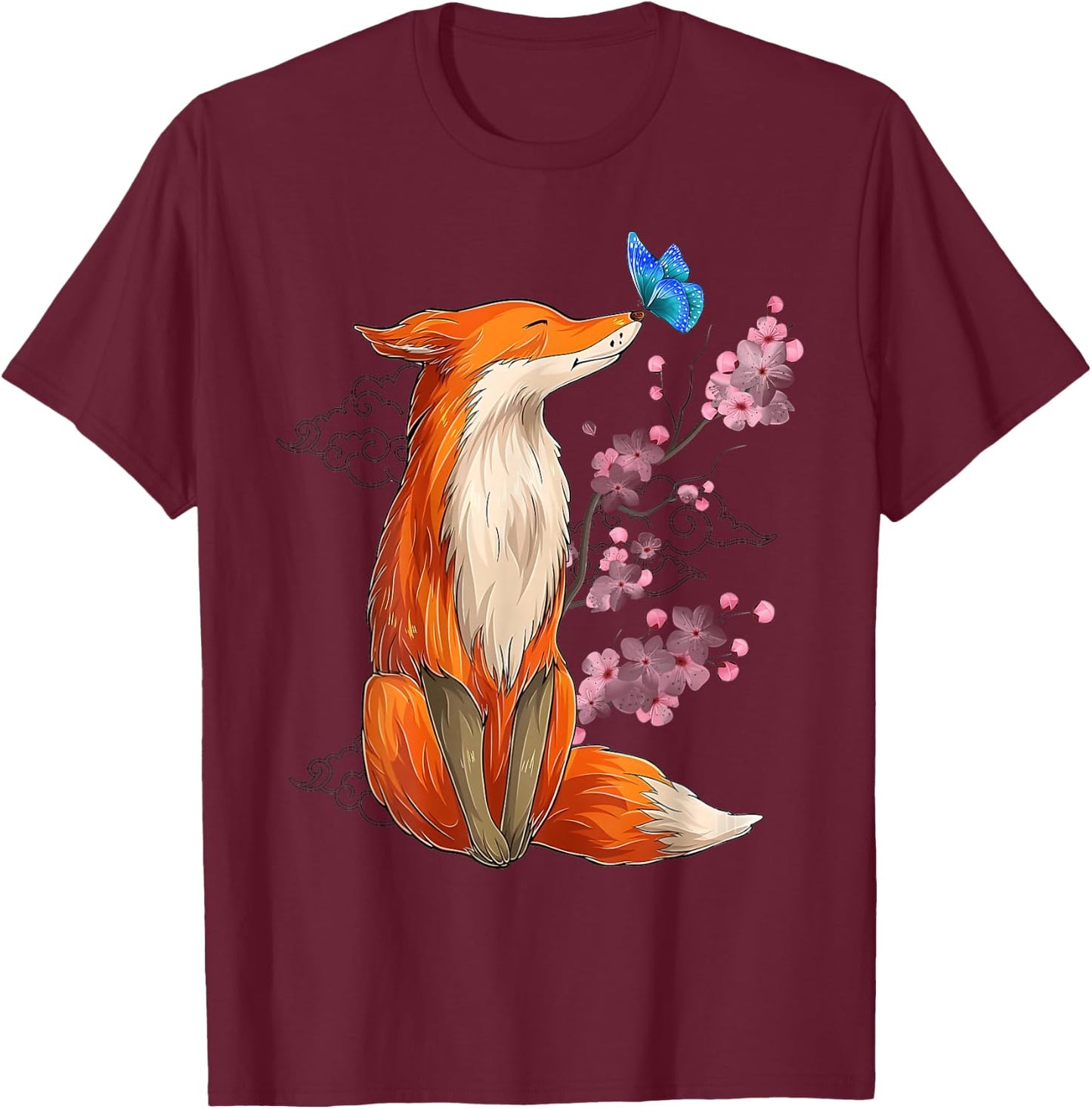 Vintage Japanese Cherry Blossom Fox Sakura Aesthetic Art T-Shirt - T-Shirt | Maroon