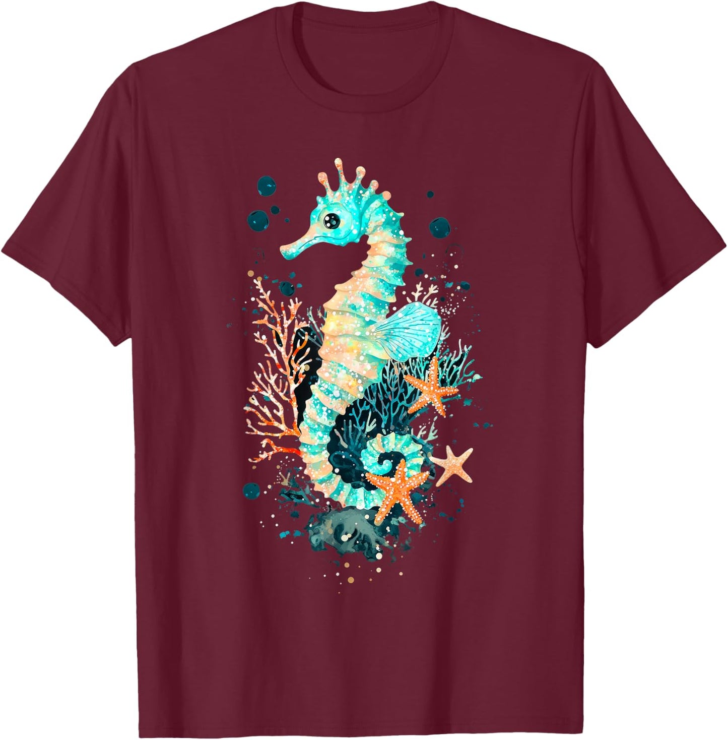 Seahorse Coral Starfish Nautical Art T-Shirt - T-Shirt | Maroon