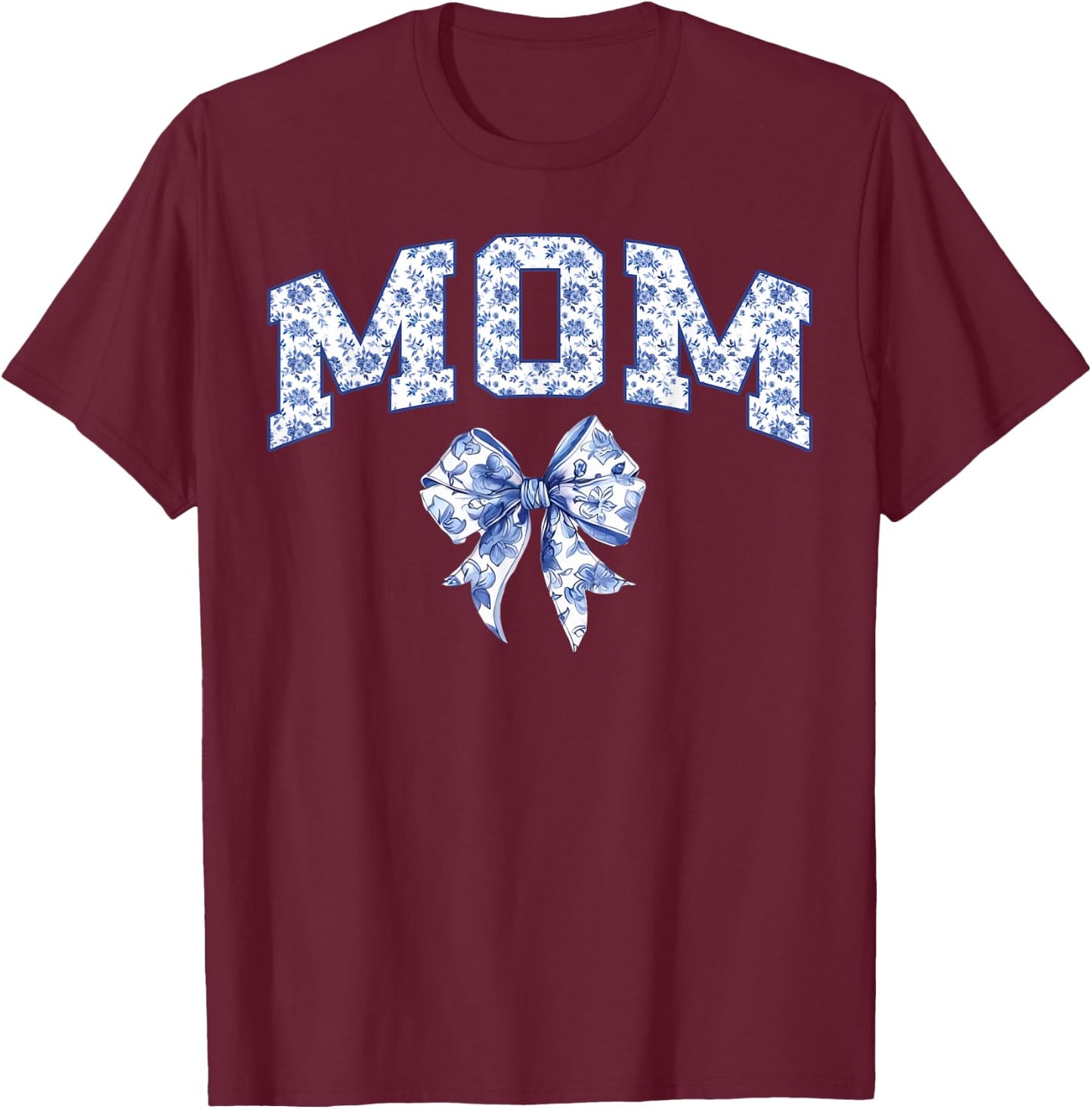 Mom Coquette Toile Blue Bow Floral Family Matching T-Shirt - T-Shirt | Maroon