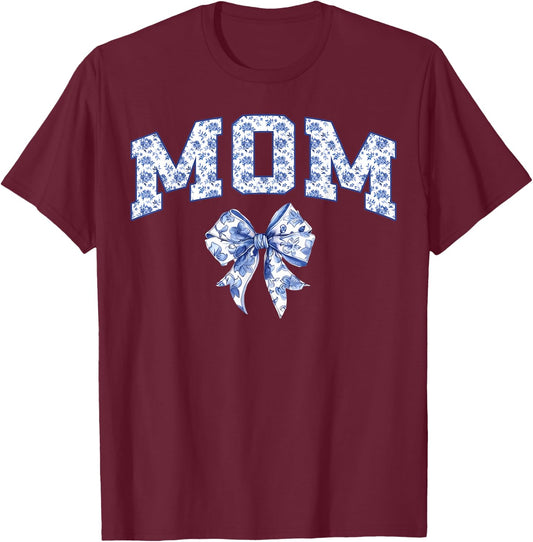 Mom Coquette Toile Blue Bow Floral Family Matching T-Shirt - T-Shirt | Maroon